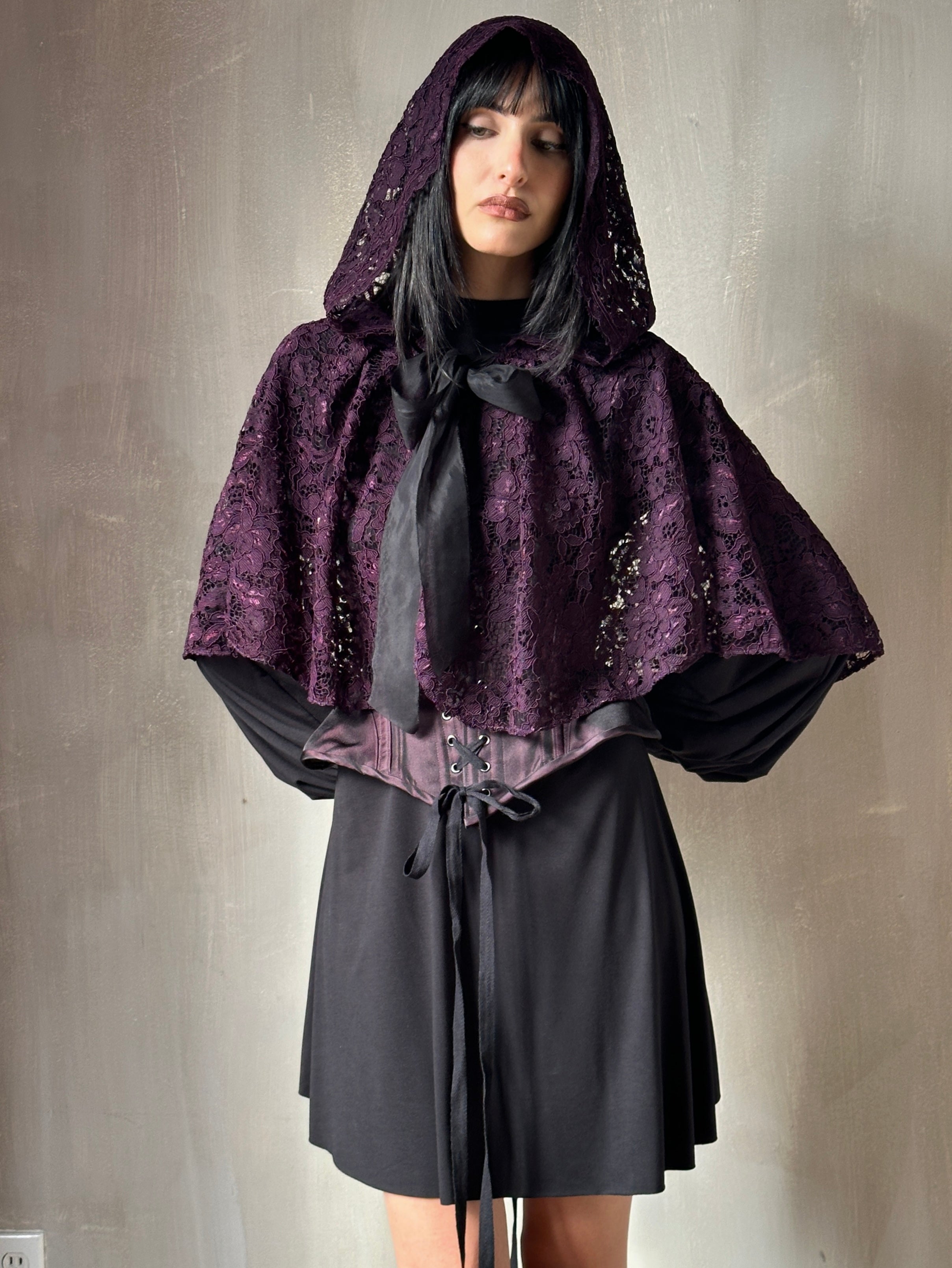 Holiday ‘24: Hooded Capelet in Mourning Lace, Black Purple