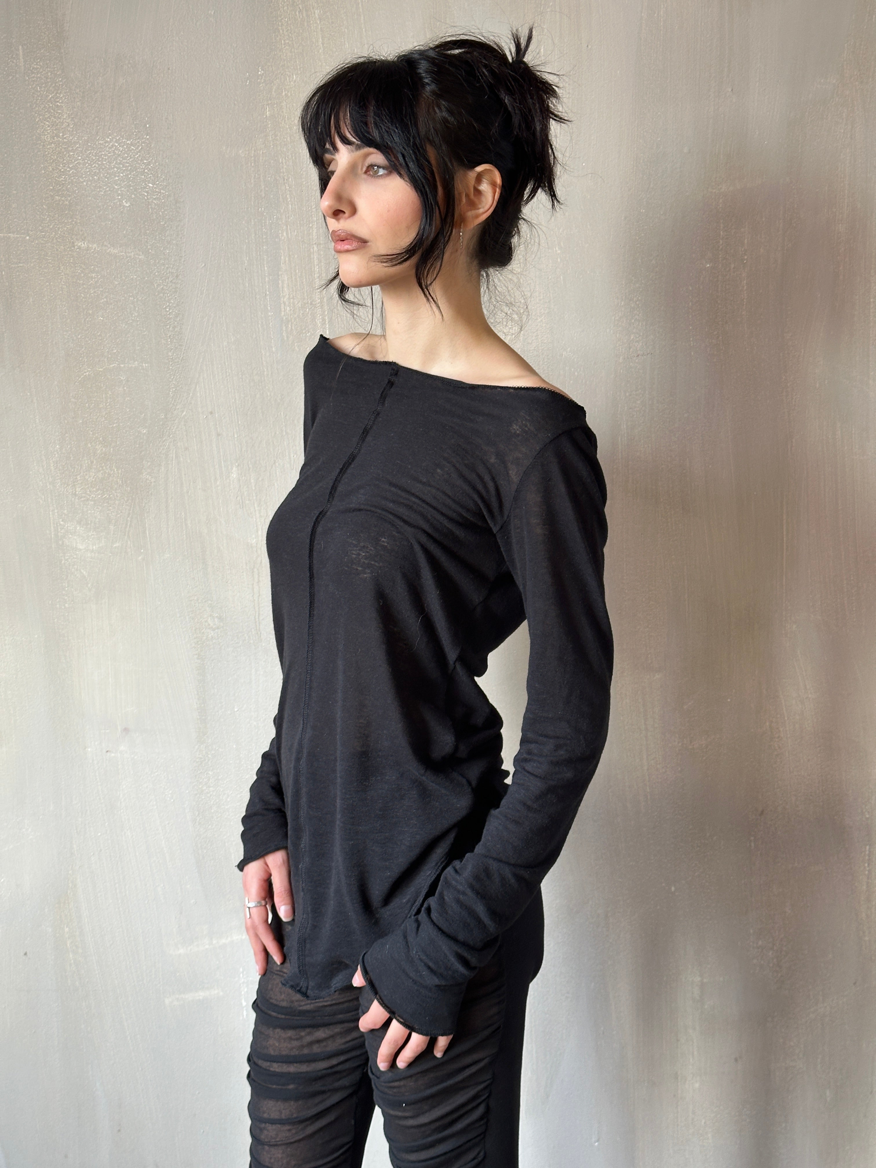 Reverse Seam Boat Neck Tunic in Black Linen