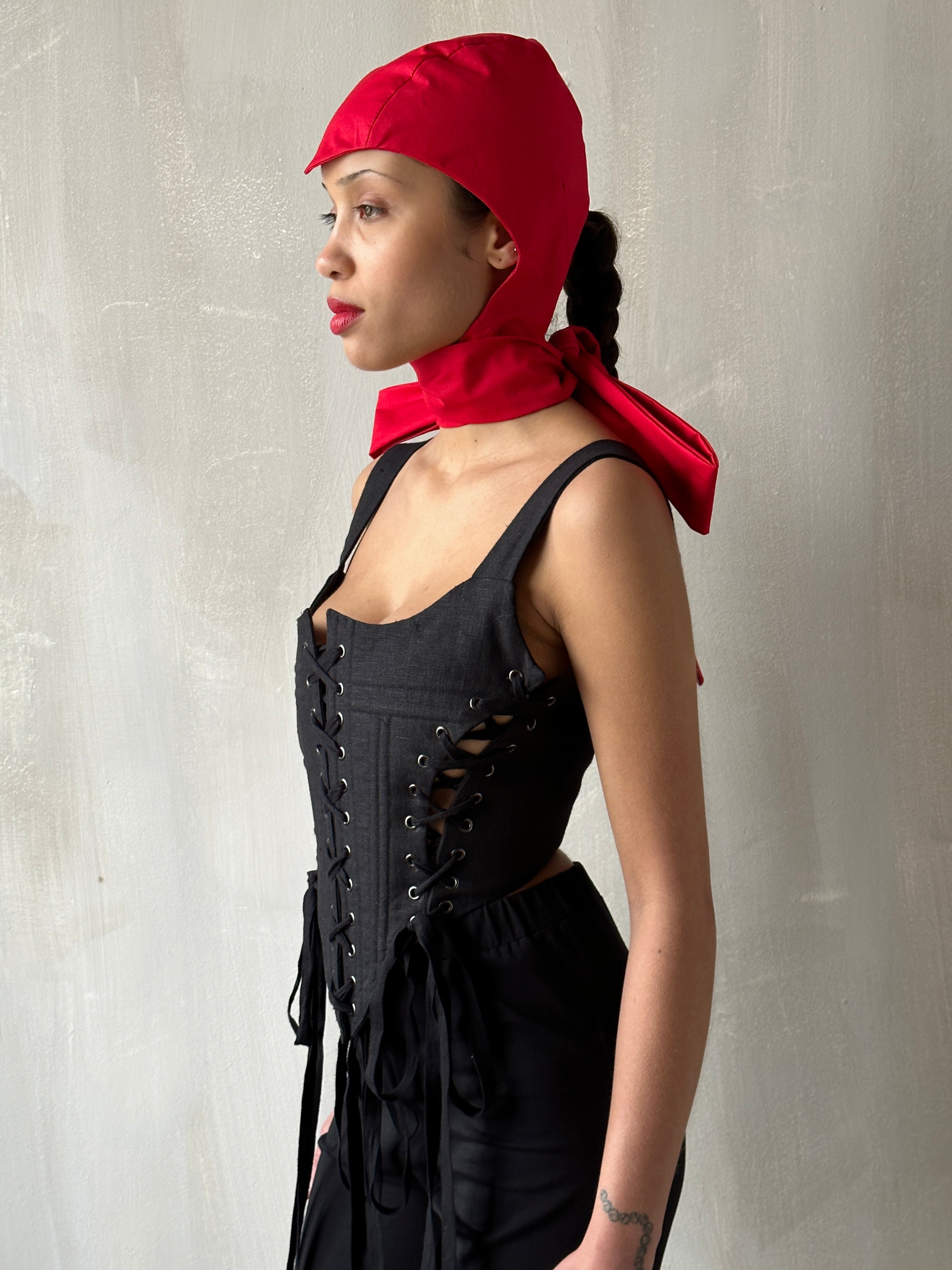 Sample Sale: Triple-Laced Corset in Black Linen (Size II)