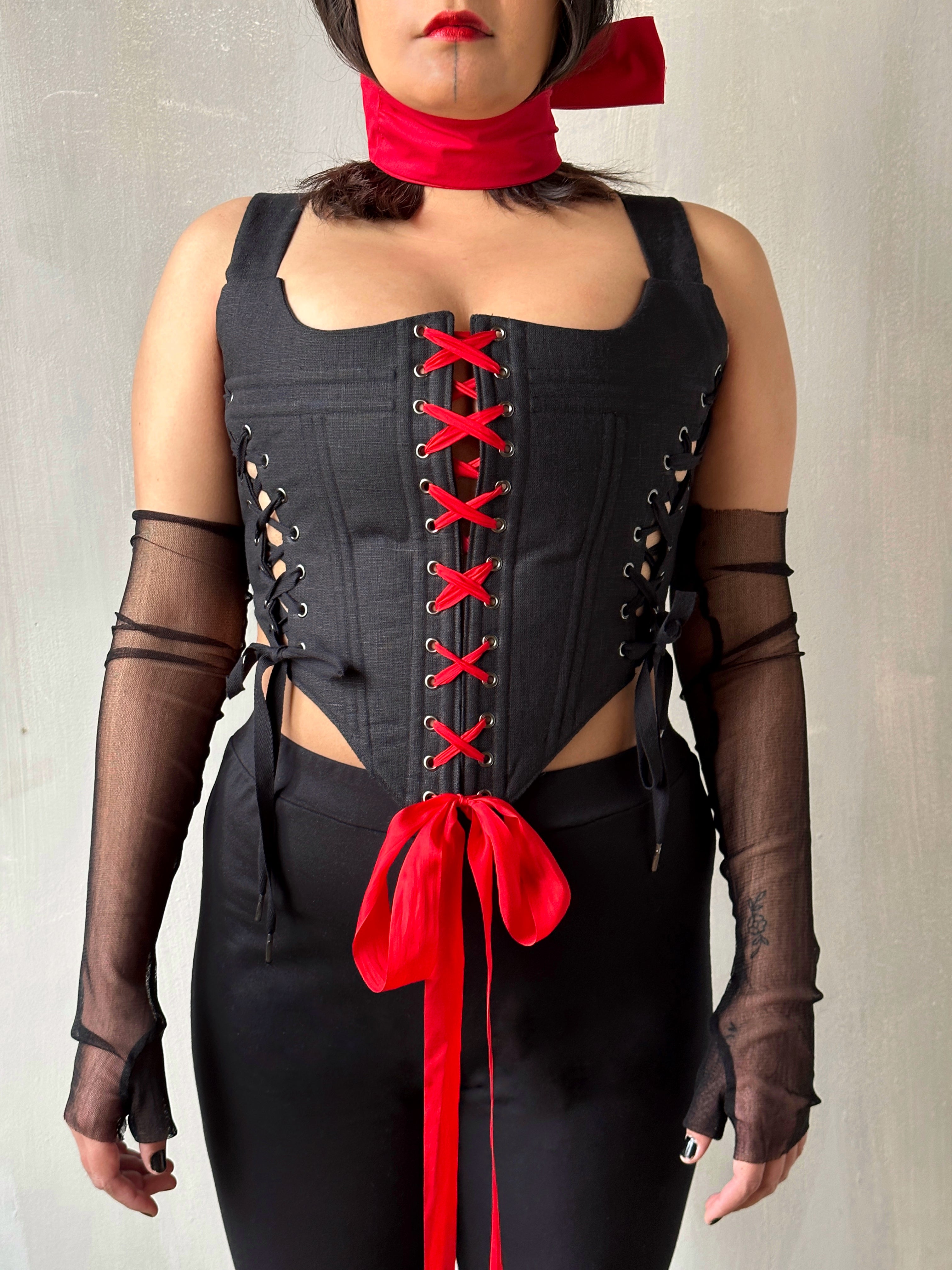 Sample Sale: Triple-Laced Corset in Black Linen (Size II)