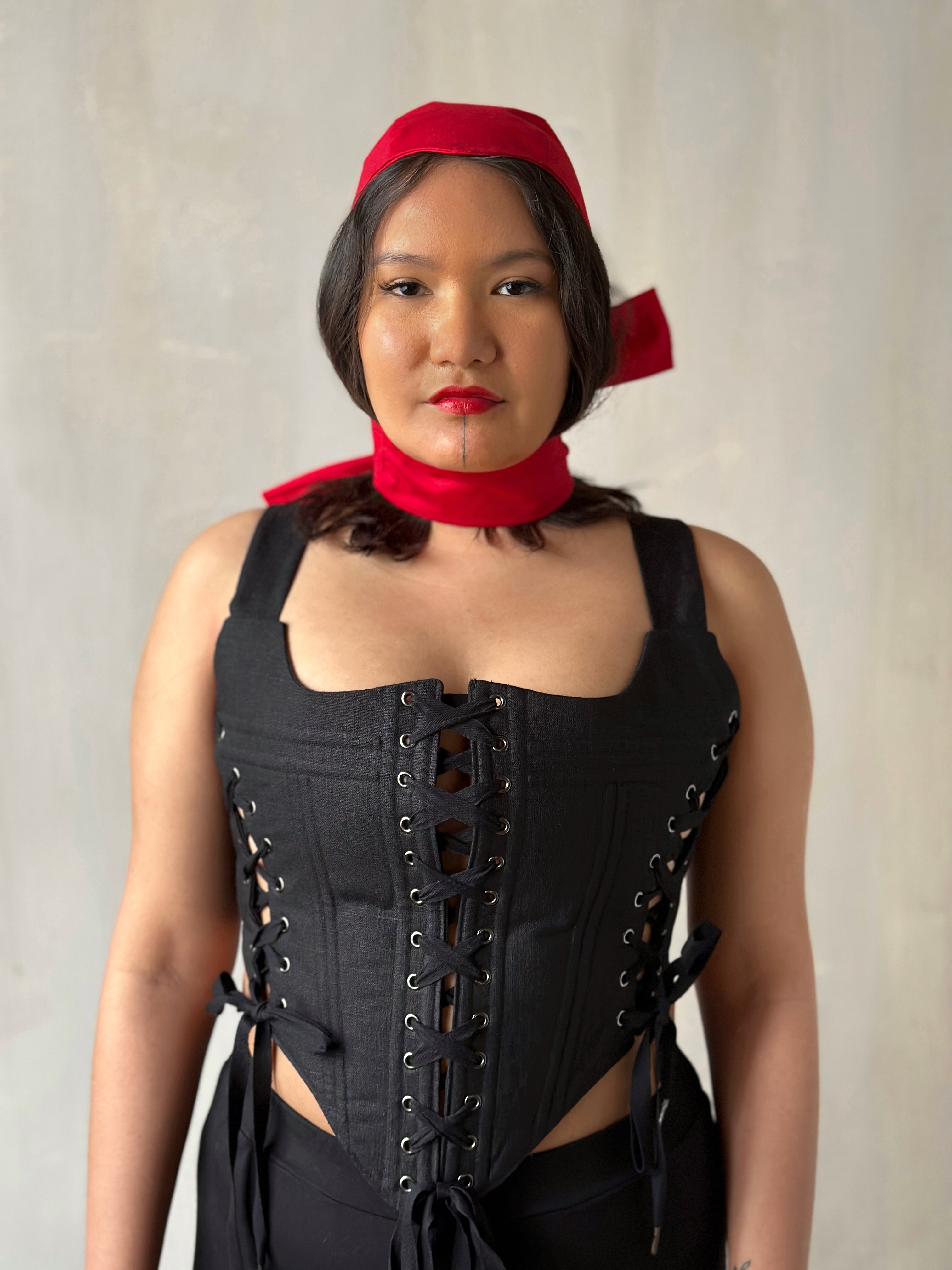 Sample Sale: Triple-Laced Corset in Black Linen (Size II)