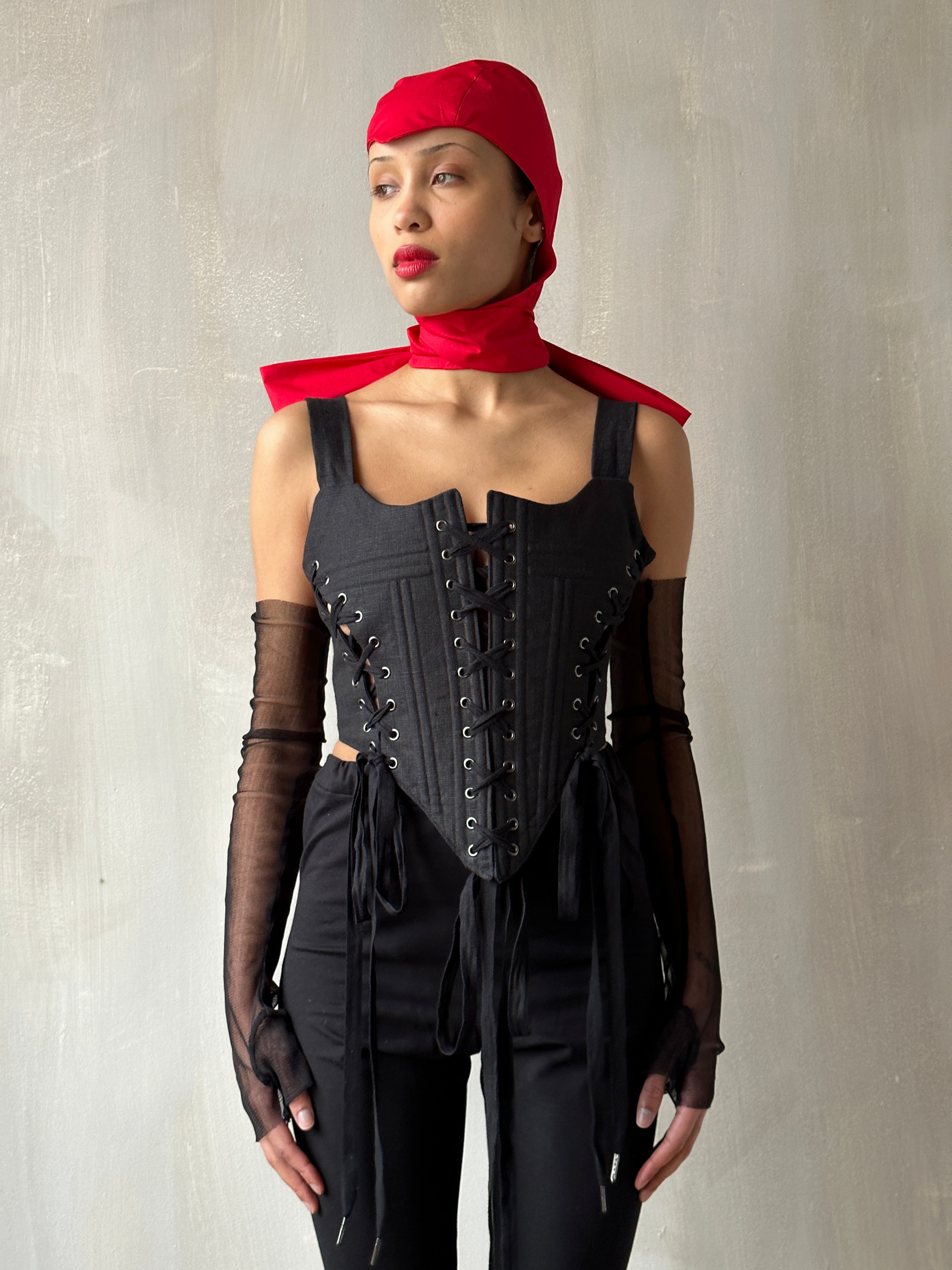 Sample Sale: Triple-Laced Corset in Black Linen (Size II)
