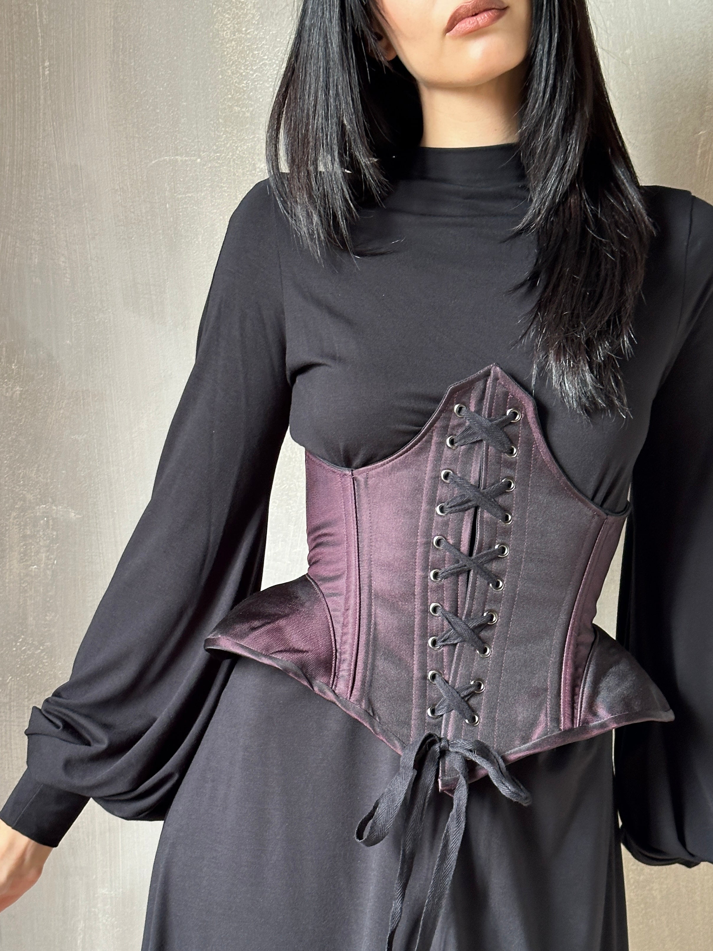 Sample Sale: Underbust Pannier Corset in Black-Purple Silk (Size I & IV)