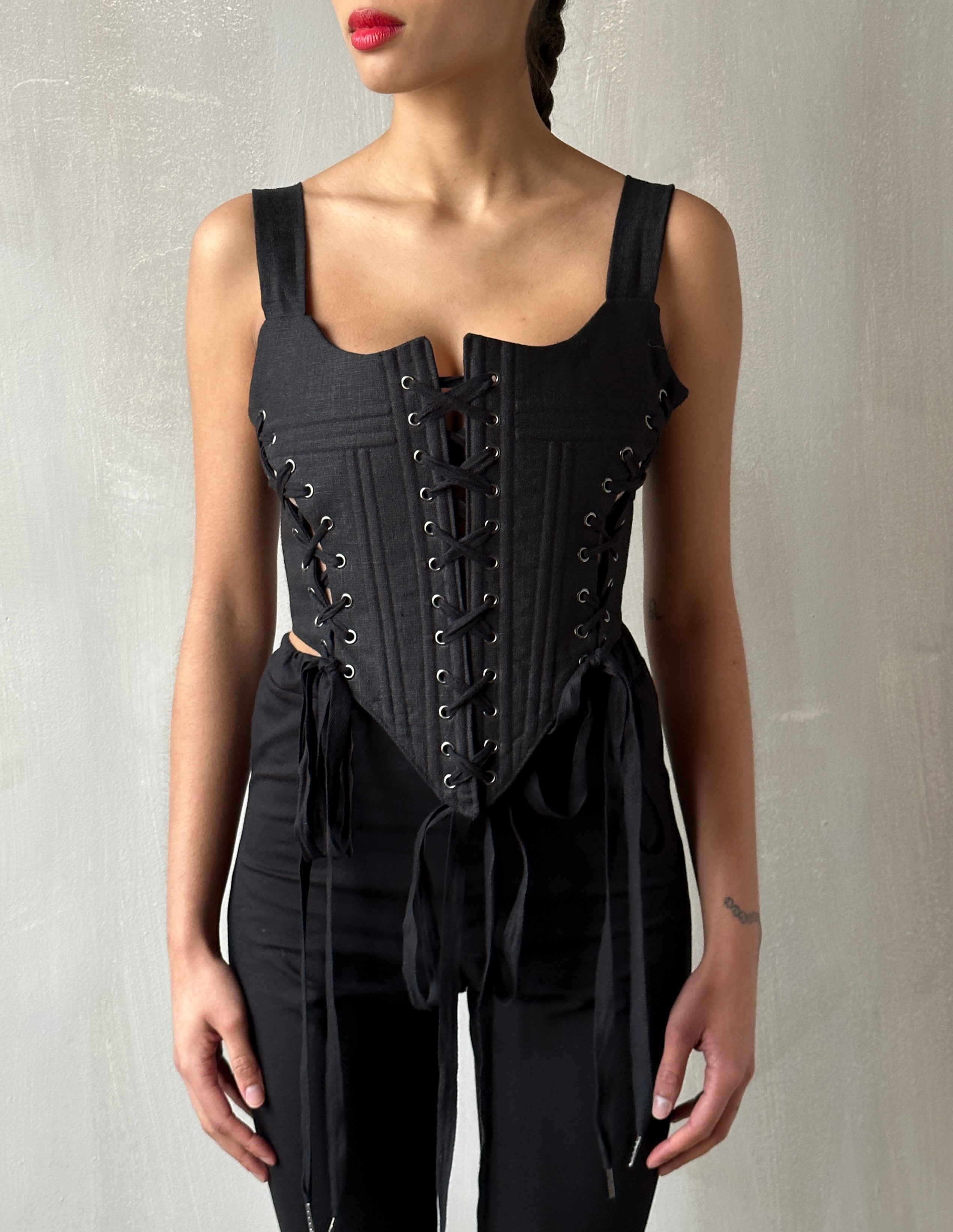 Sample Sale: Triple-Laced Corset in Black Linen (Size II)