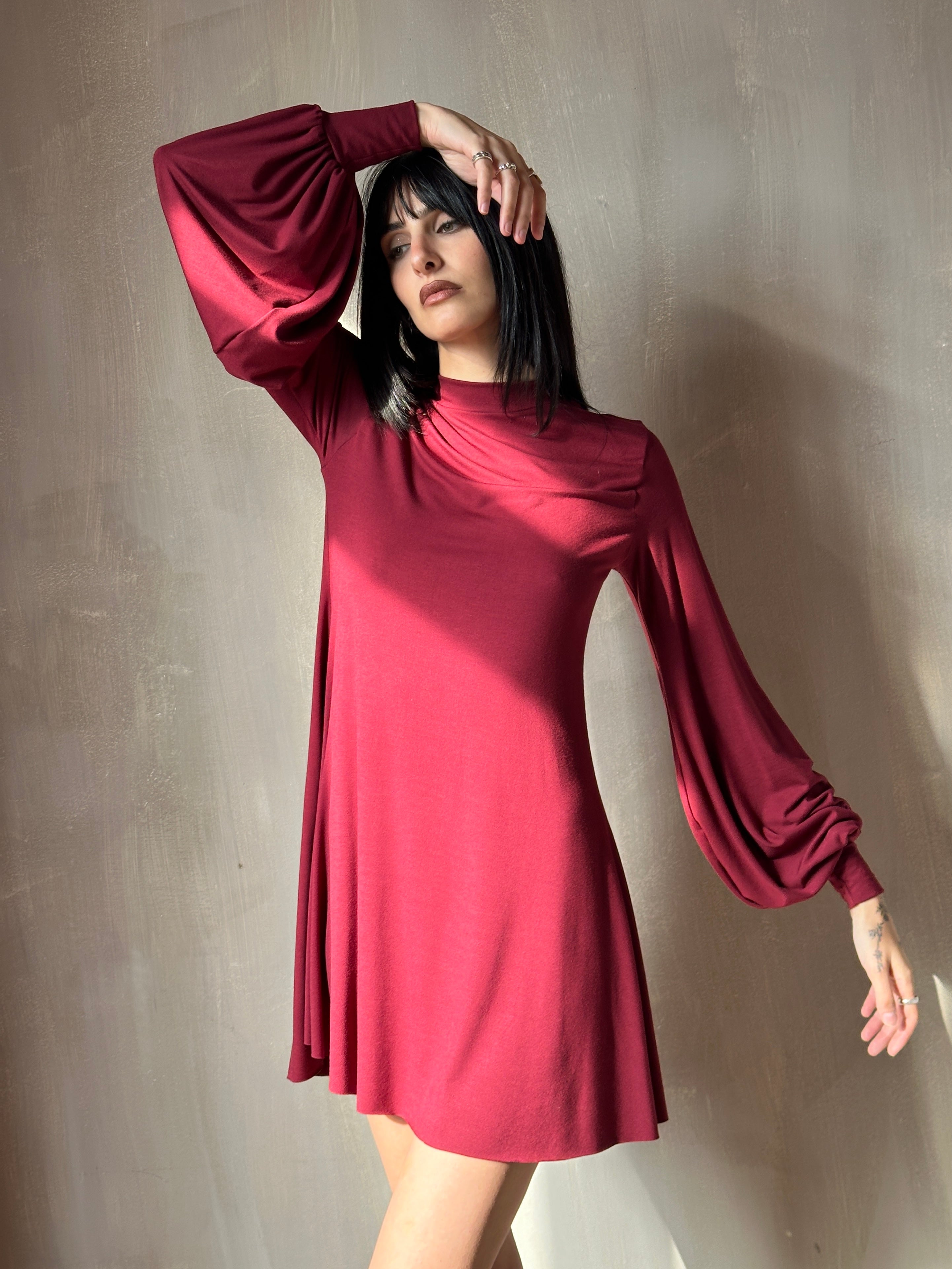 Bishop Sleeve Mini Dress in Blood Red