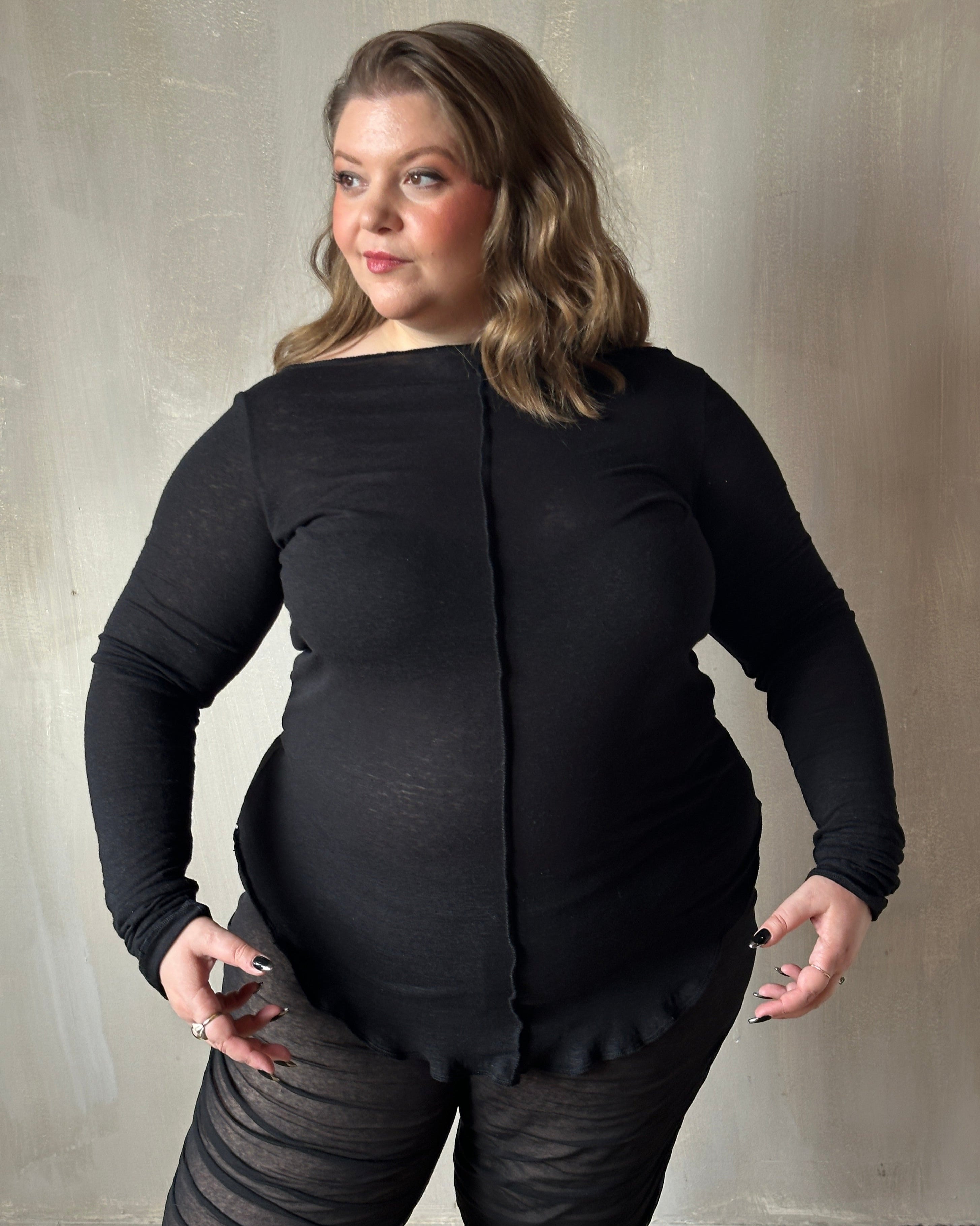 Reverse Seam Boat Neck Tunic in Black Linen