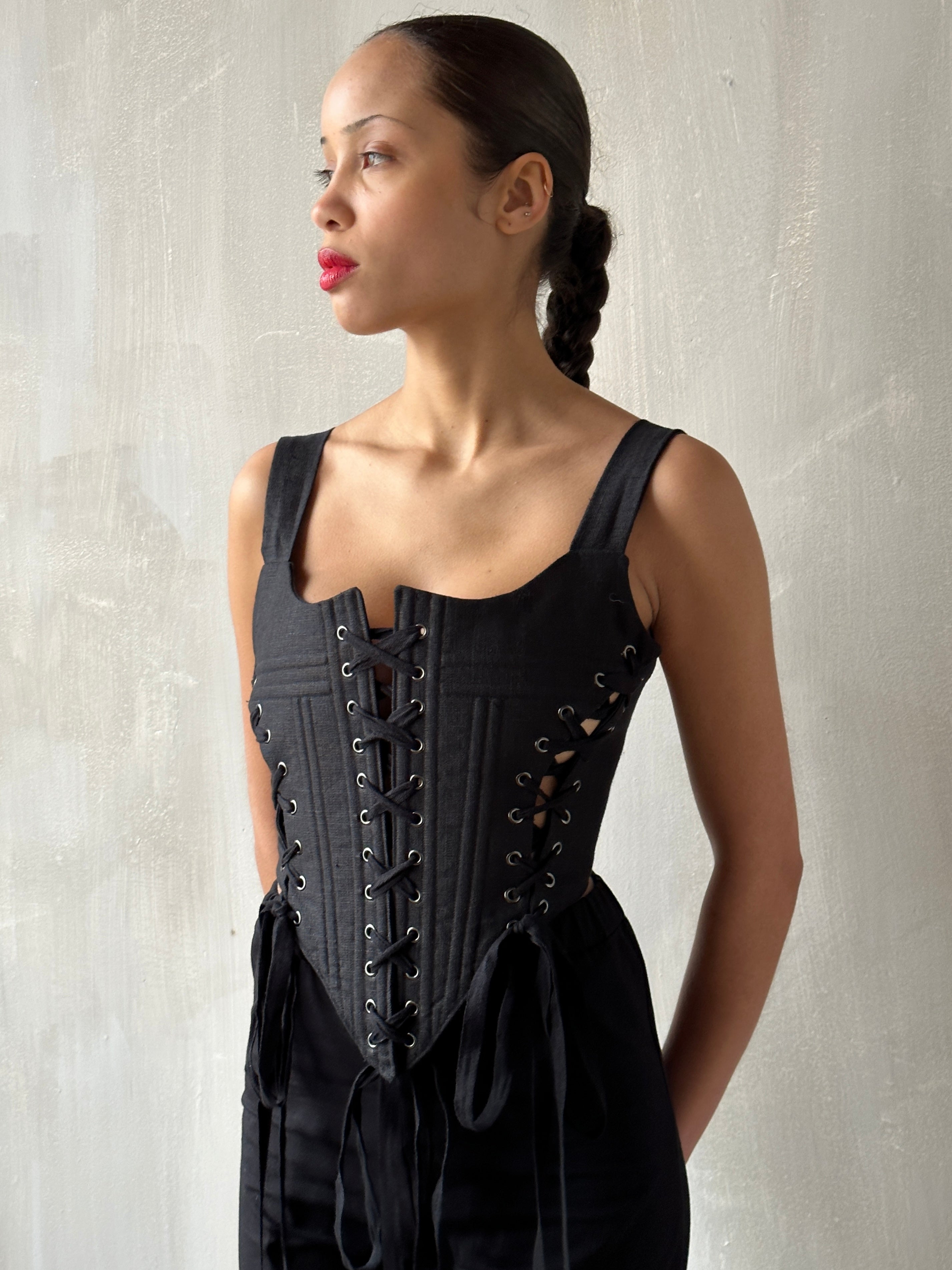 Sample Sale: Triple-Laced Corset in Black Linen (Size II)