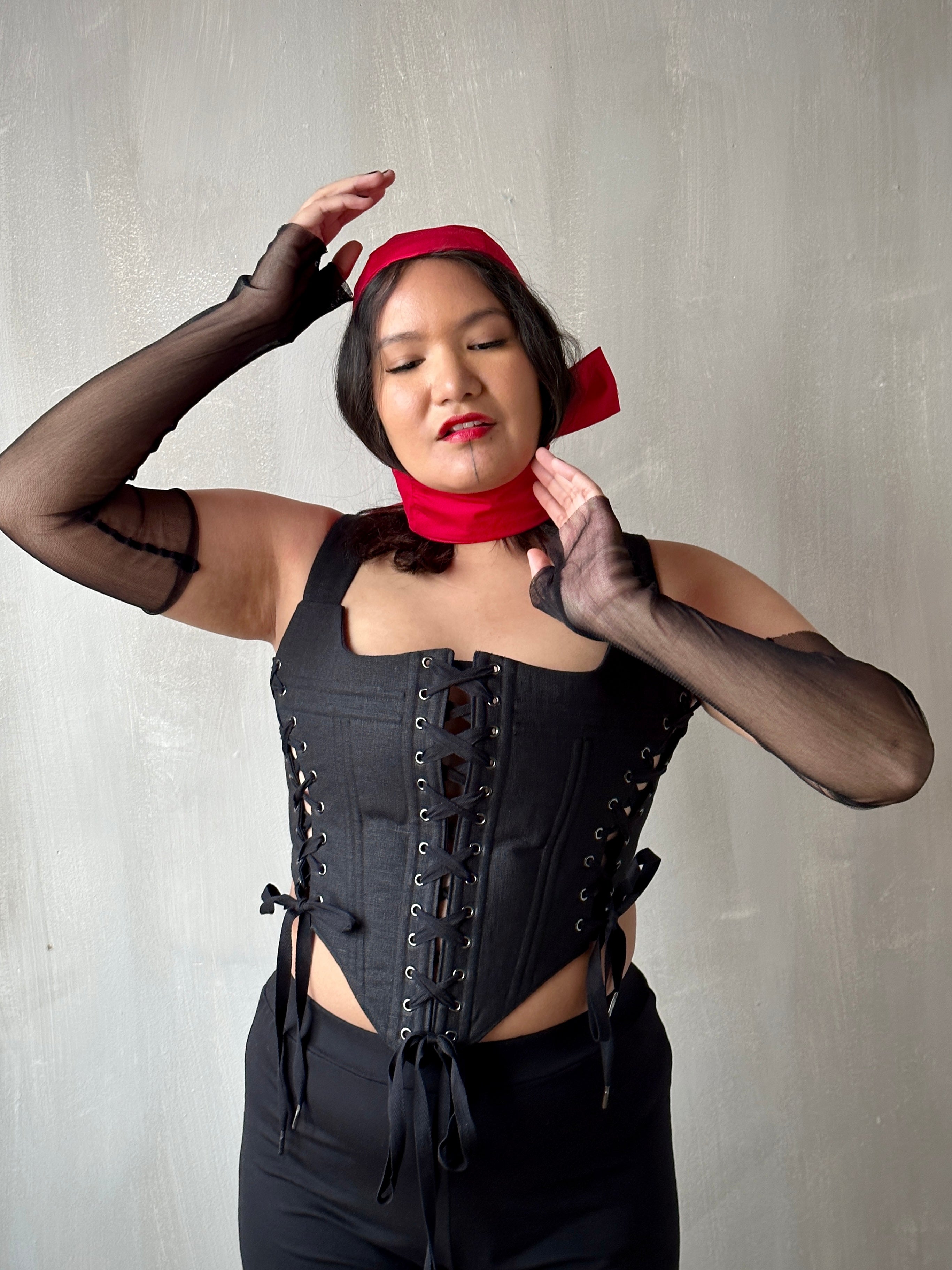Sample Sale: Triple-Laced Corset in Black Linen (Size II)