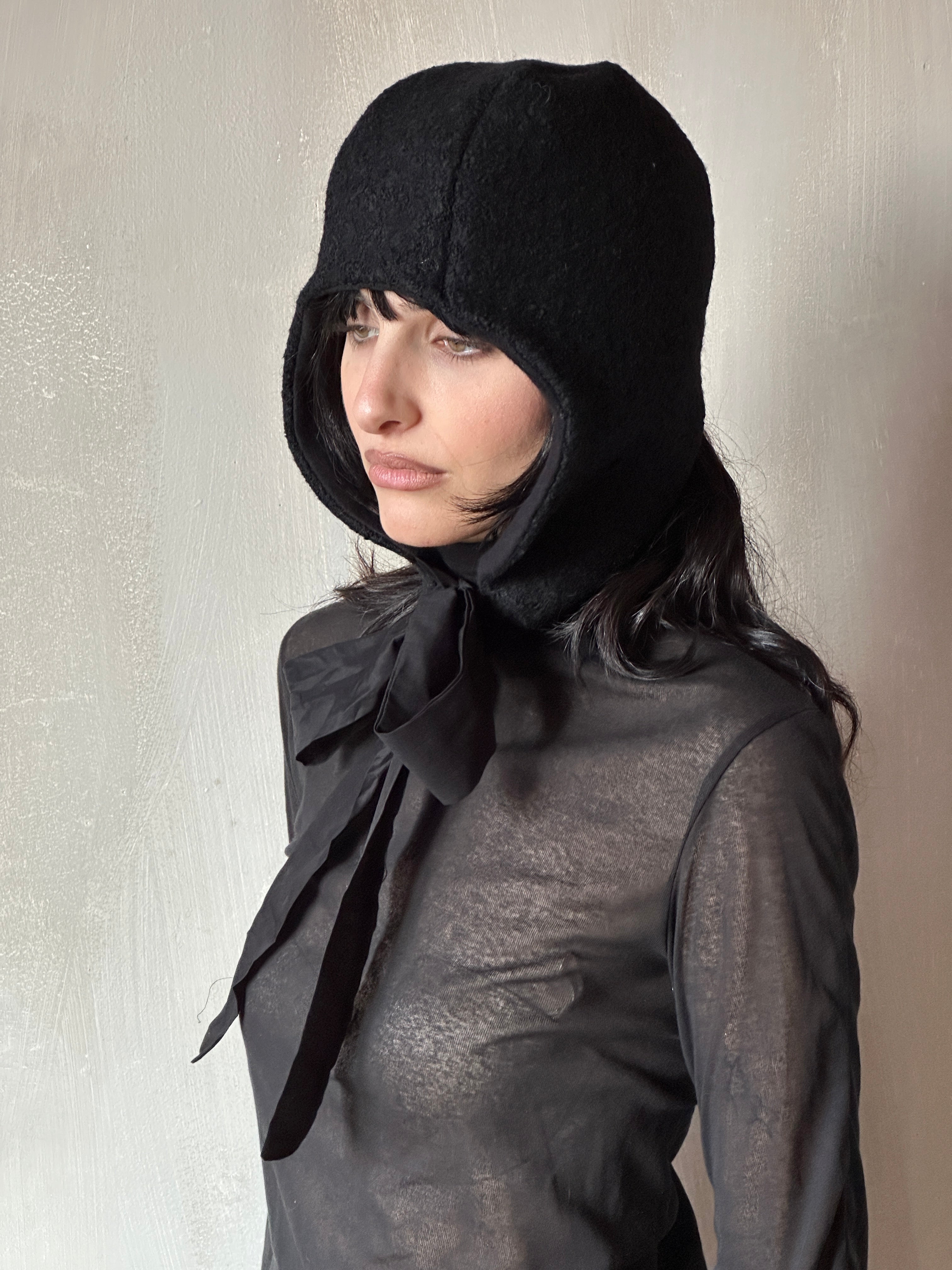 Sample/Stock Sale: Spangenhelm Toque in Black Wool with ties