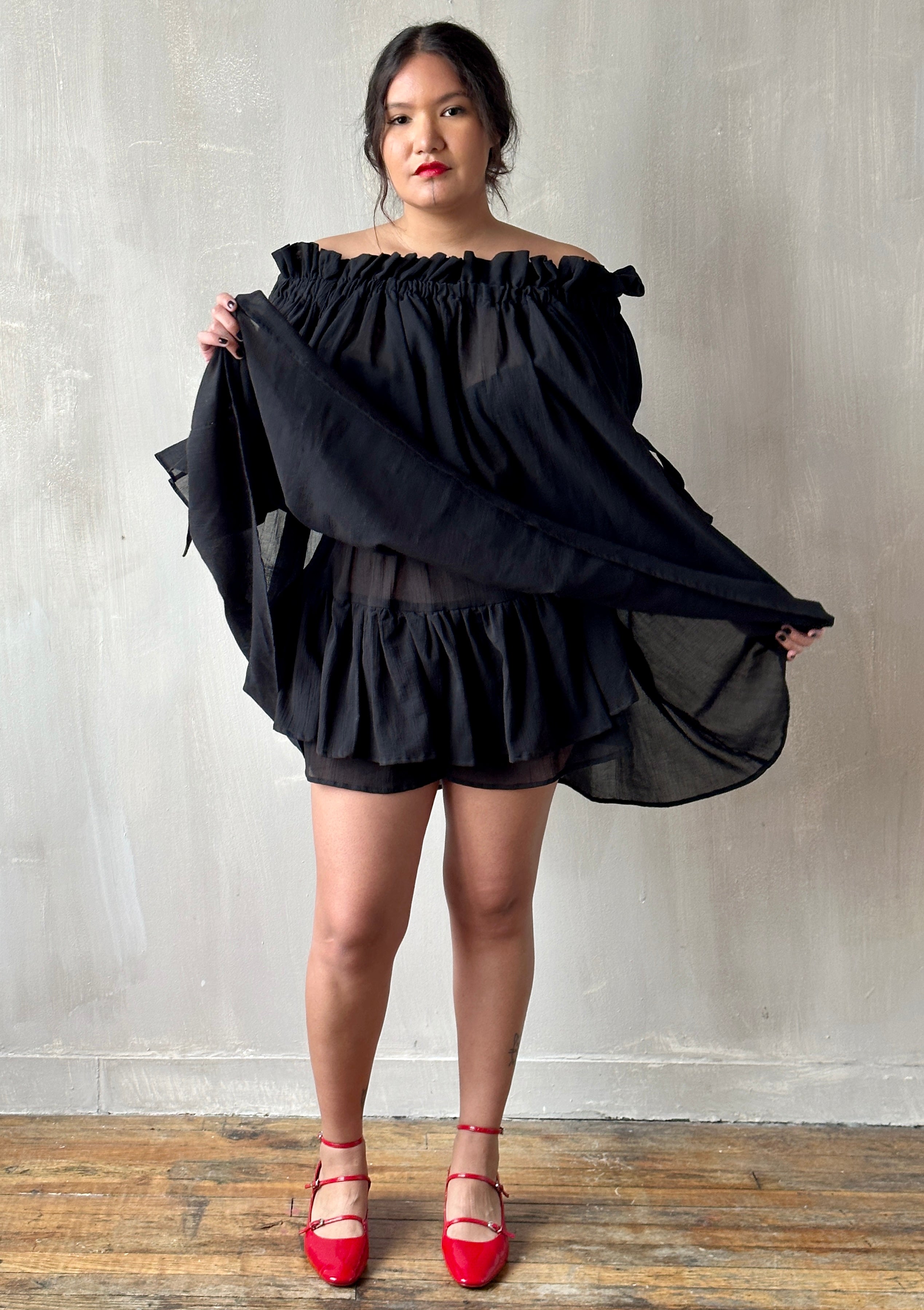 Paperbag Tunic in Black Cotton Voile (Made-to-Order)