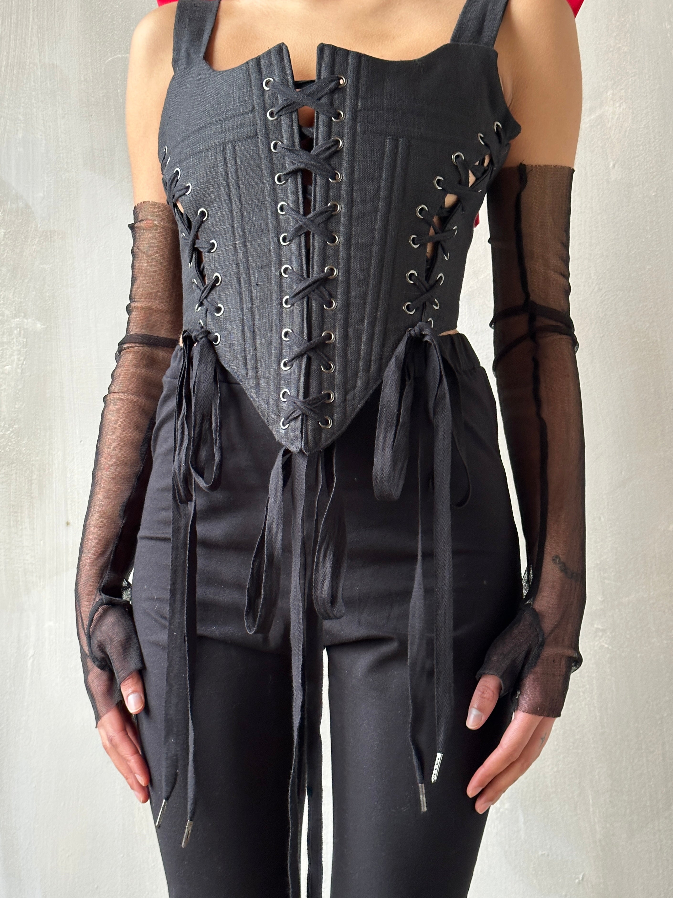 Sample Sale: Triple-Laced Corset in Black Linen (Size II)