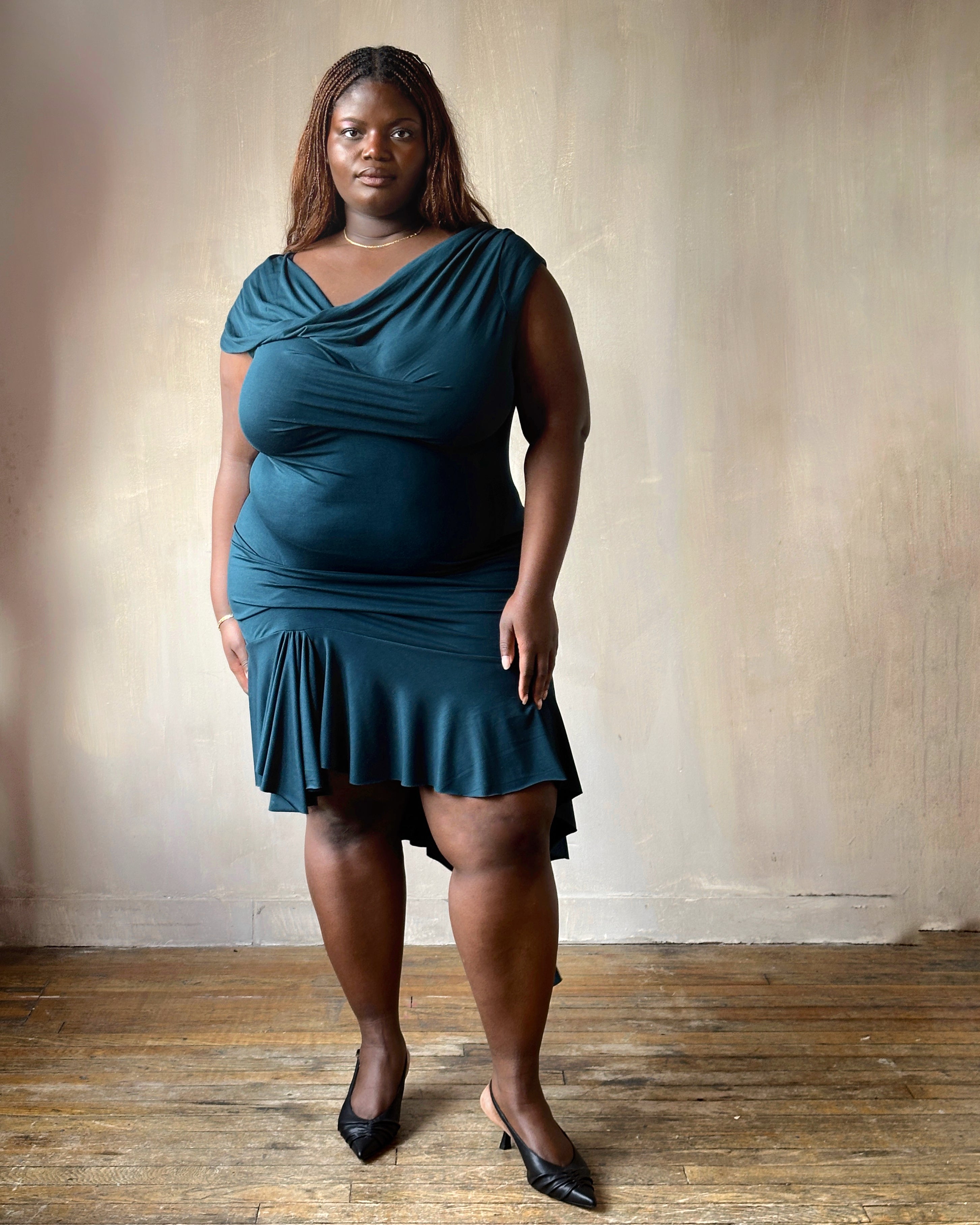 Spring '25: Jersey Draped Cap Sleeve Dress in Teal Bamboo