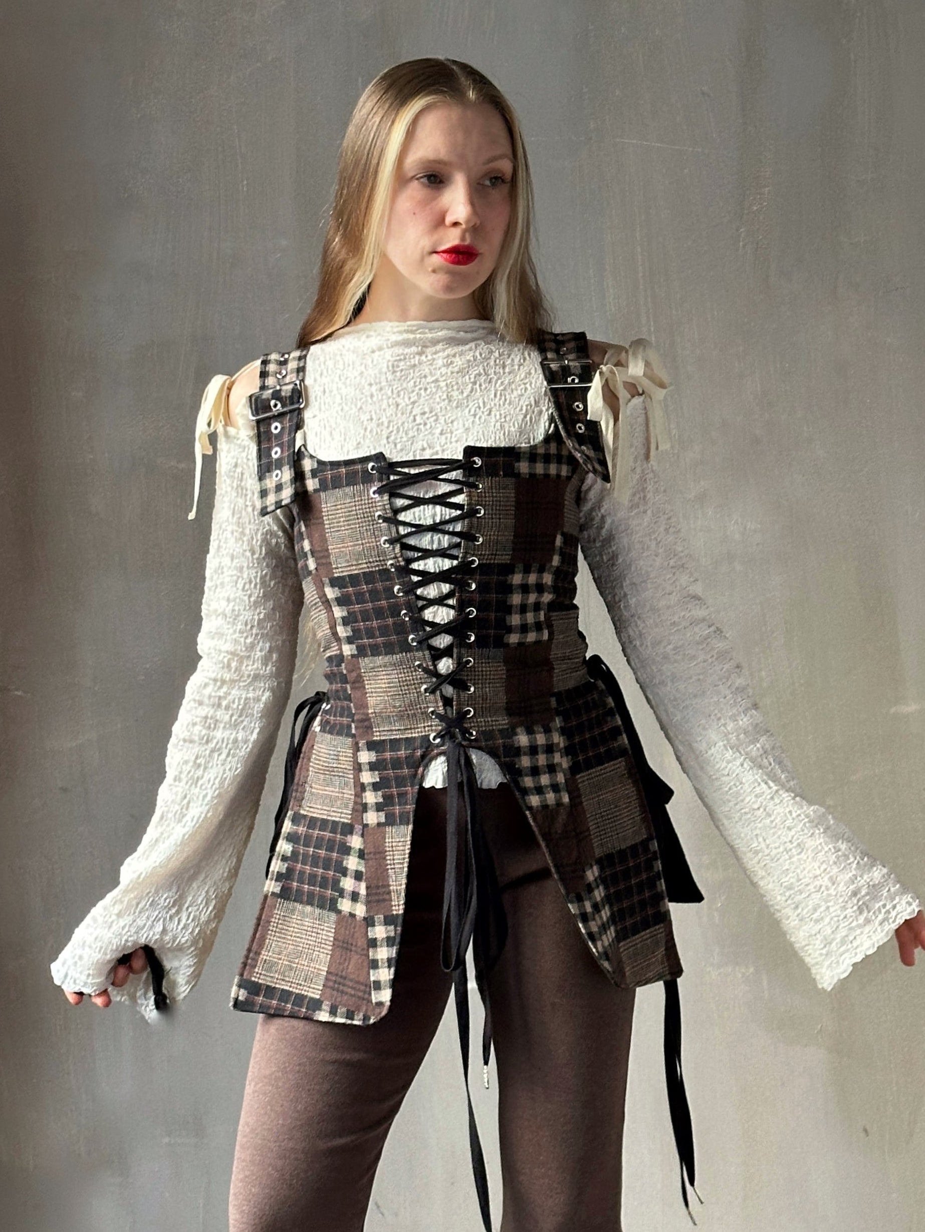 Winter '26: Pinafore Corset Vest in Plaid Patchwork Cotton (In Stock)