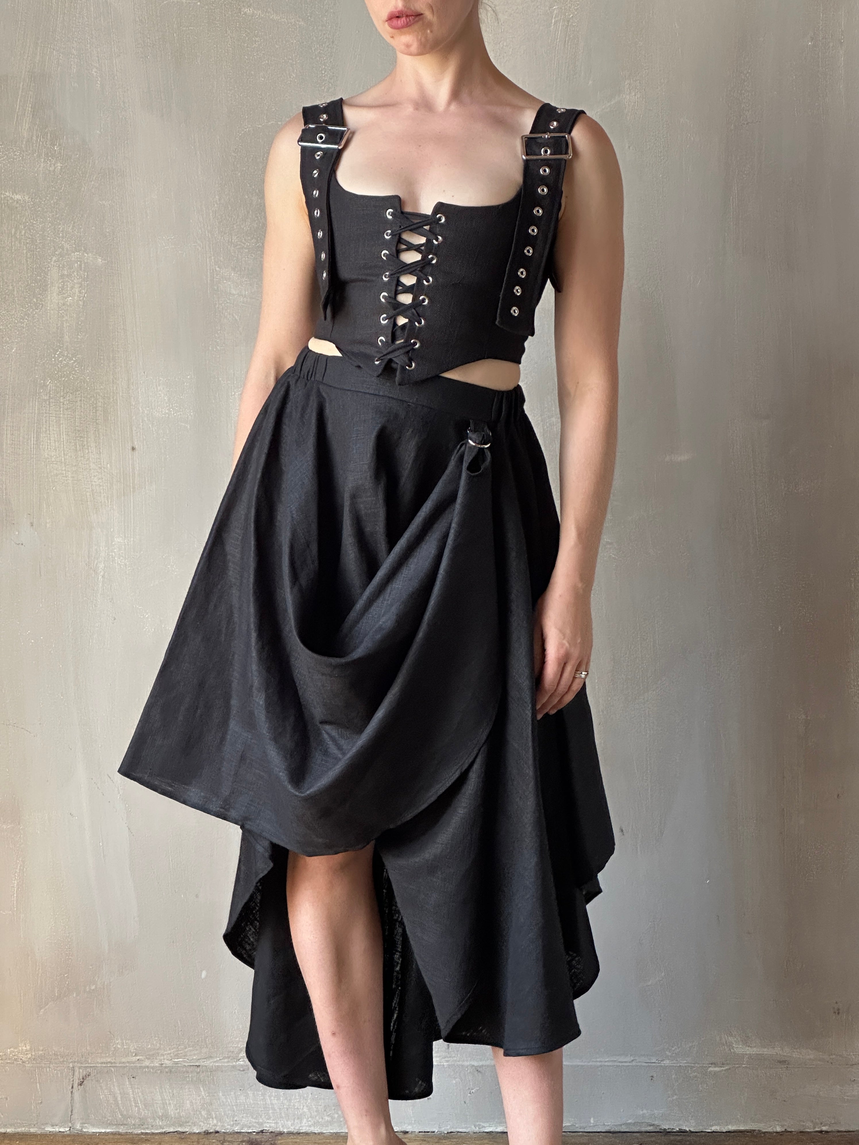 FW25: Pastorale Skirt w/Adjustable Hem in Black Linen (Pre-Order)