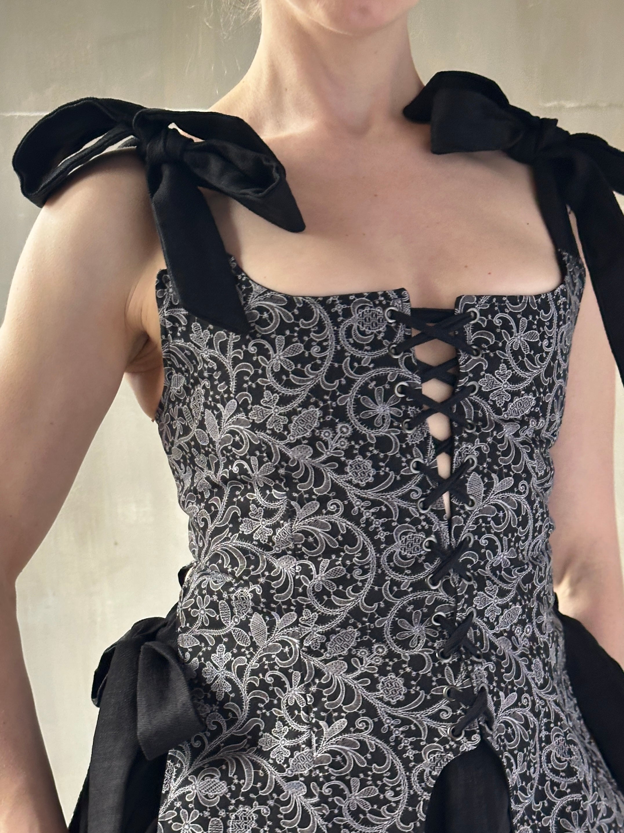 Spring '26: Pinafore Corset Vest with Bow Ties in Tattoo Print Cotton (Pre-Order, Limited Edition)