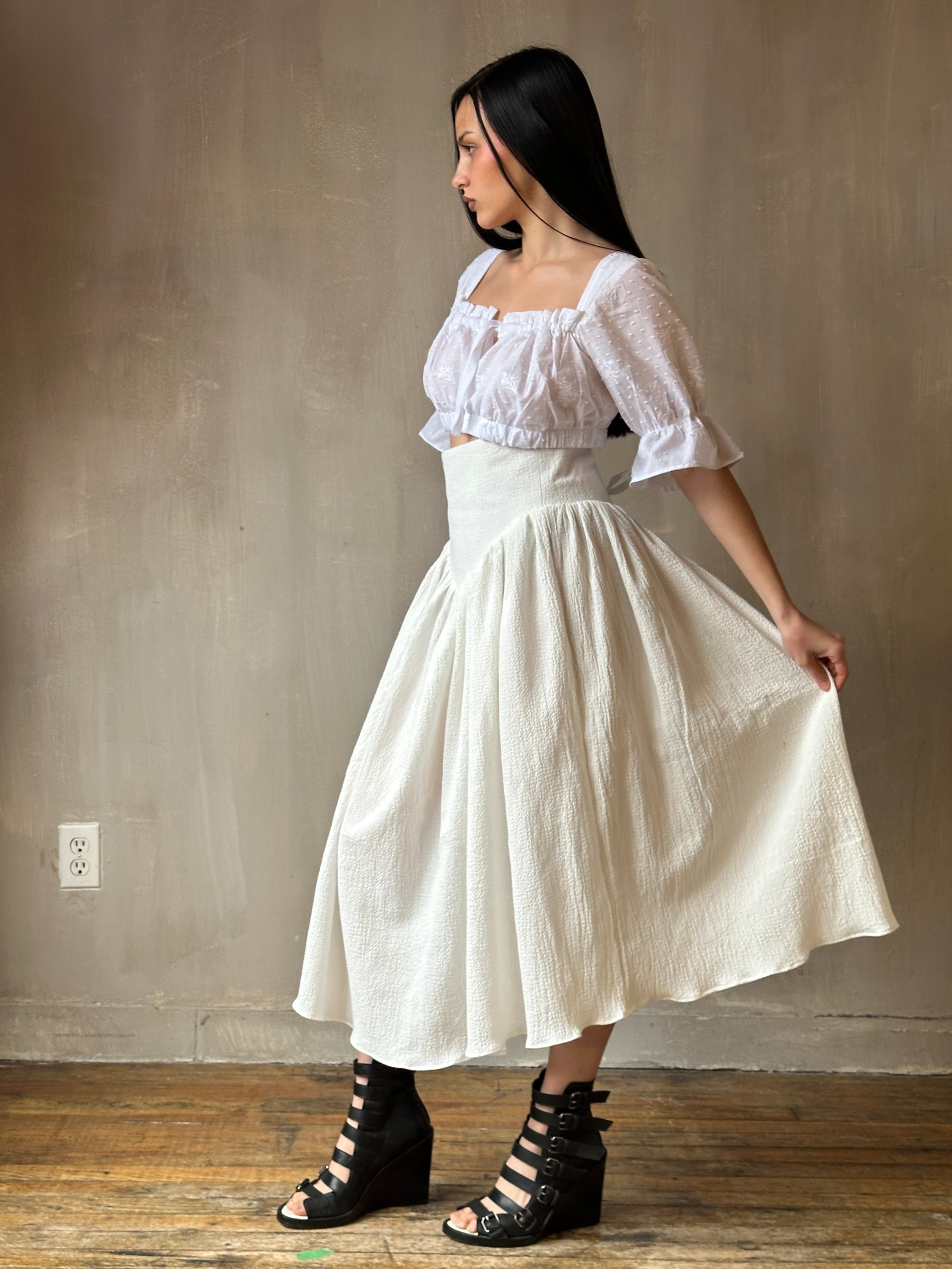 Extended Yoke Petticoat Skirt In White Seersucker Cotton (In Stock)