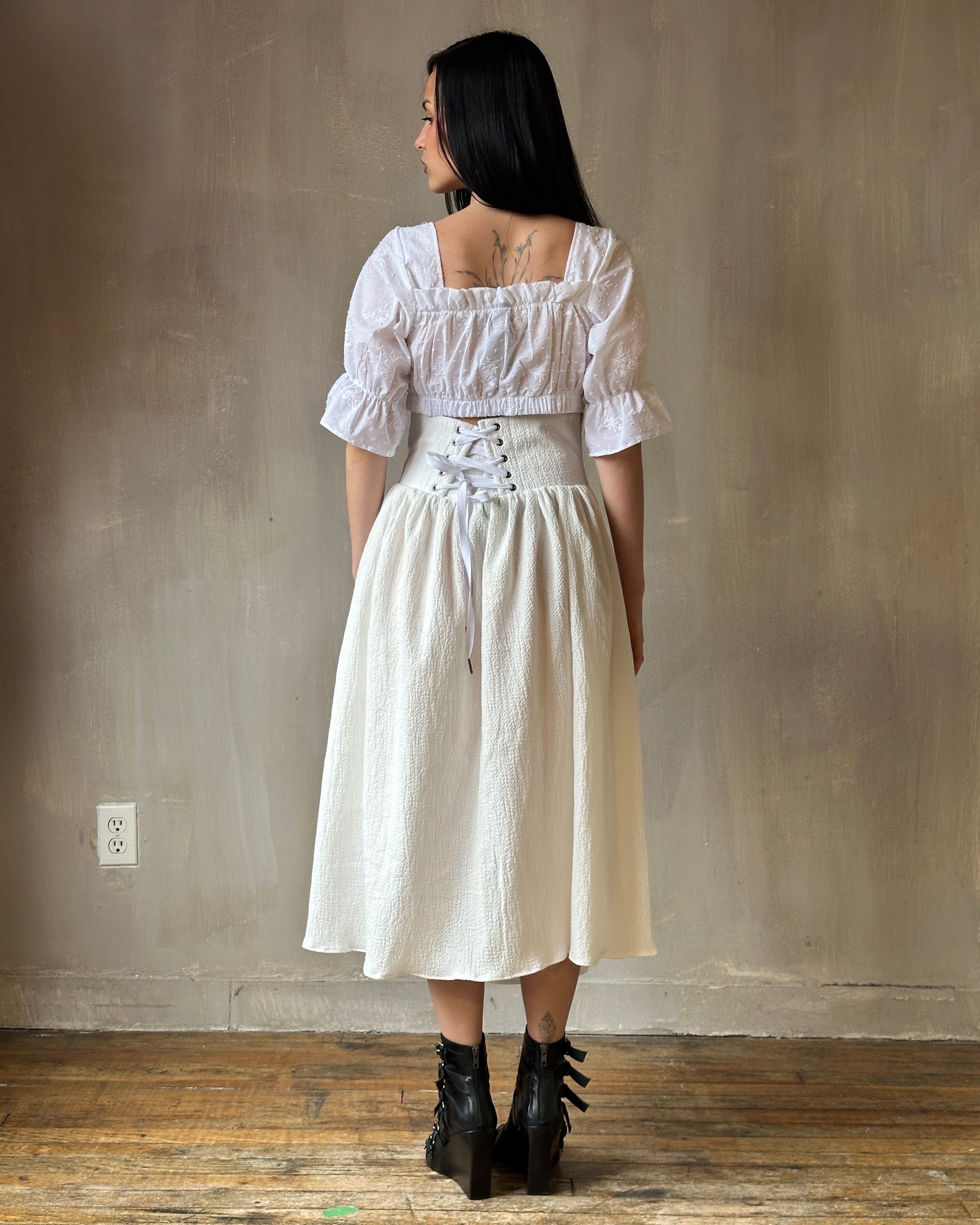 Extended Yoke Petticoat Skirt In White Seersucker Cotton (In Stock)