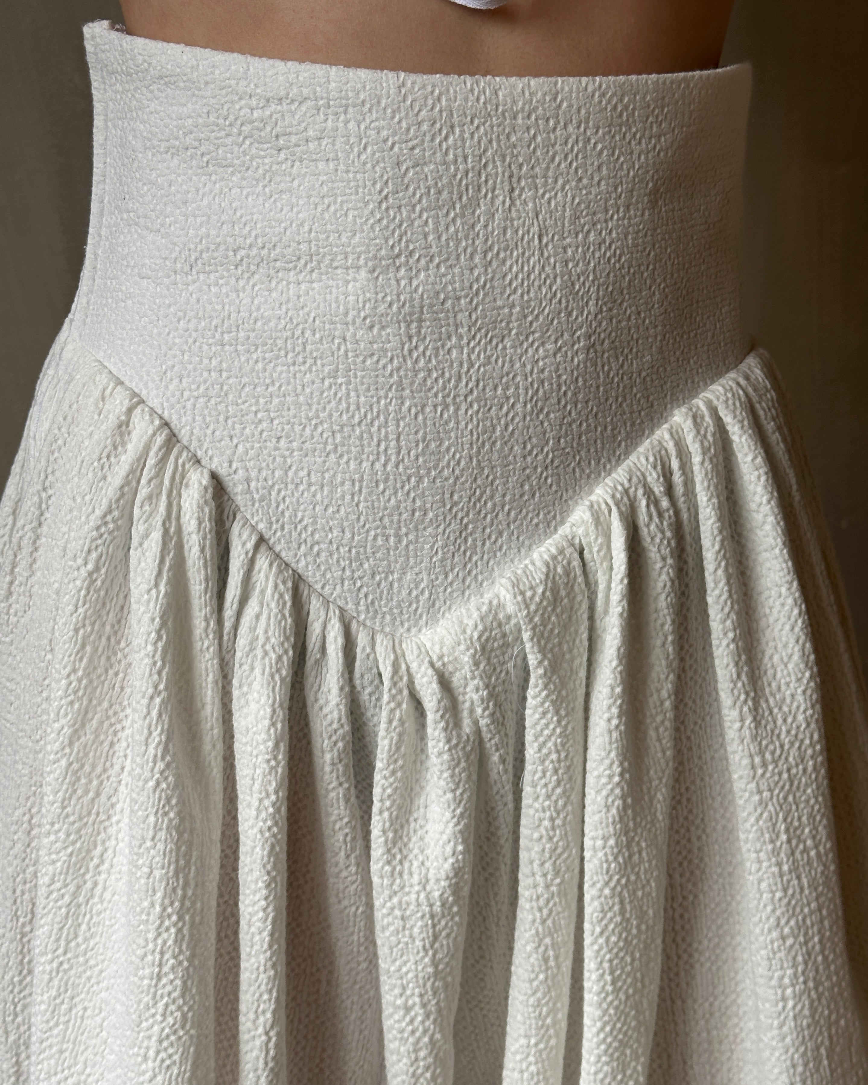 Extended Yoke Petticoat Skirt In White Seersucker Cotton (In Stock)