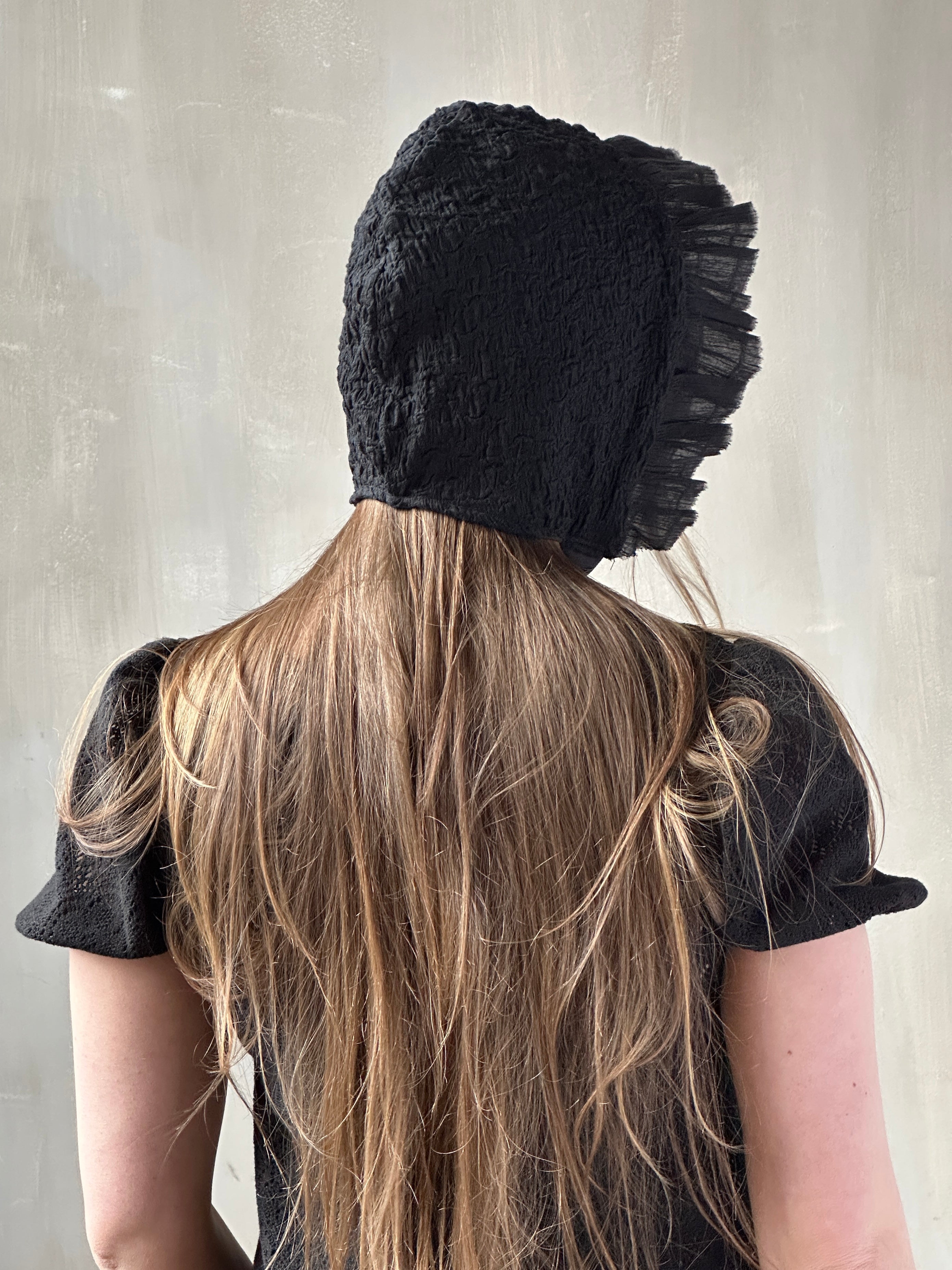 Spring '26: Bonnet with Silk Ties in Black Crinkle Cotton Knit (Pre-Order)