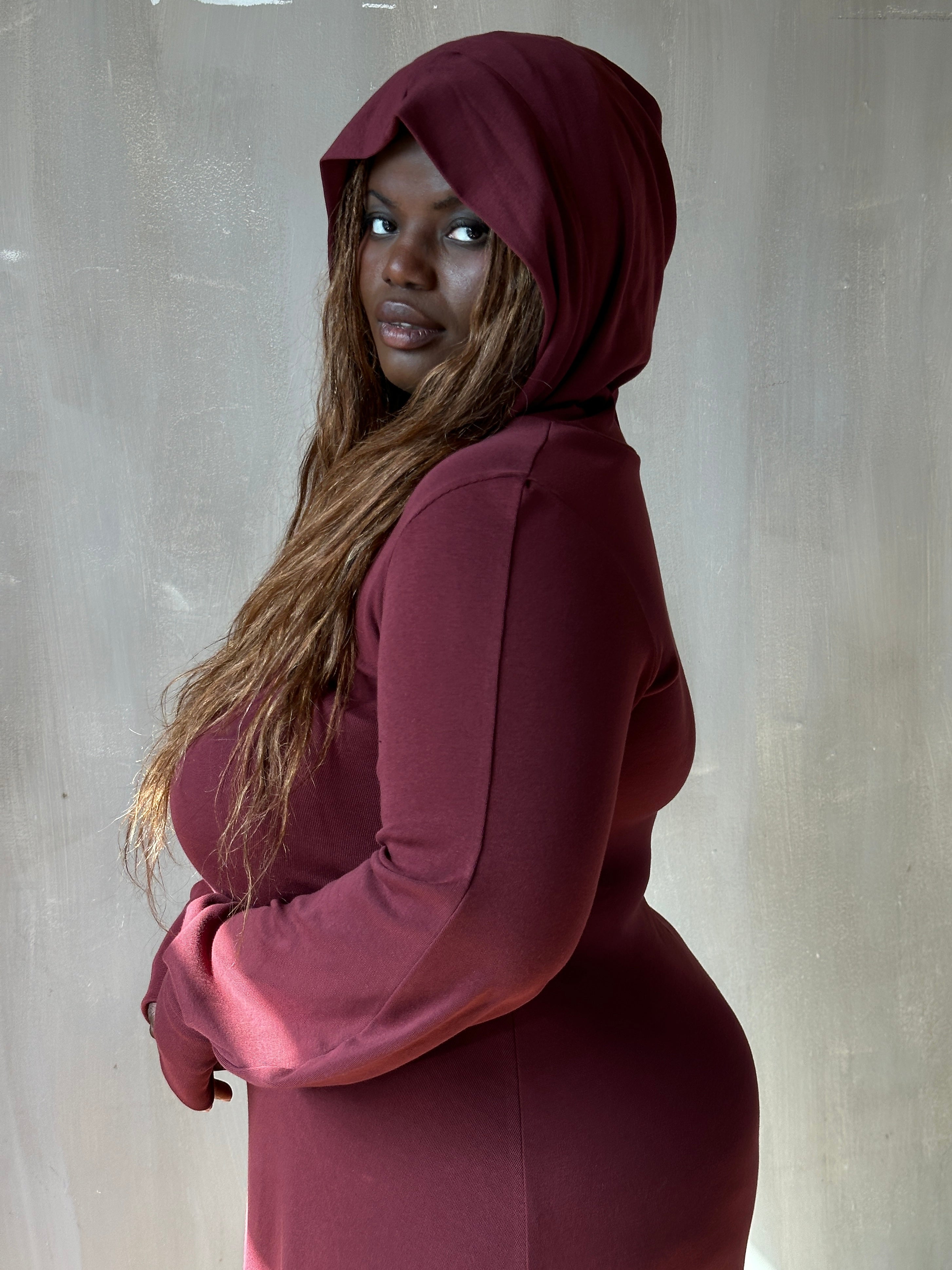 FW25: "Temple" Maxi Dress w/Hood in Plum Wine (Pre-Order)