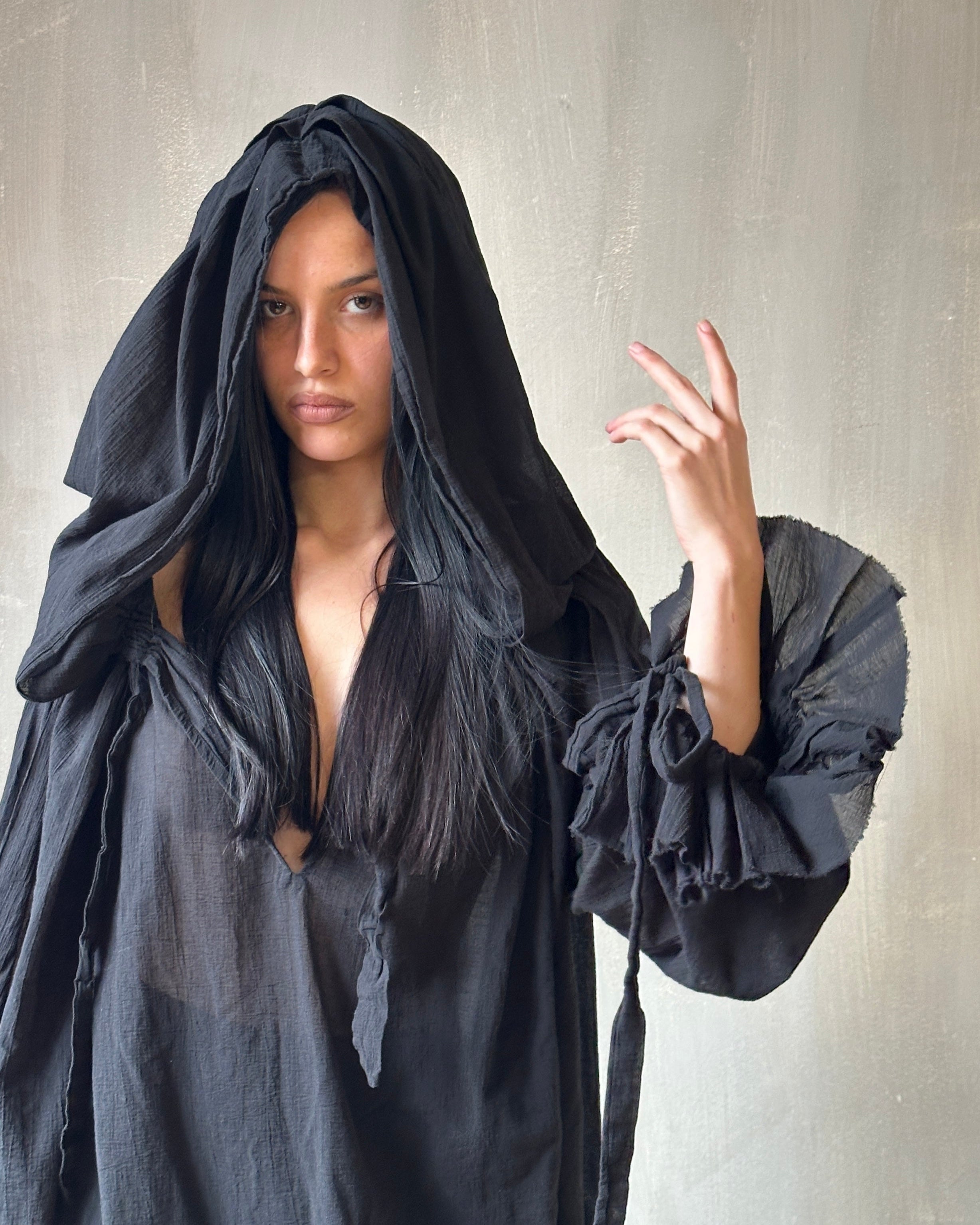 Hooded Alchemist Chemise in Black Cotton Gauze