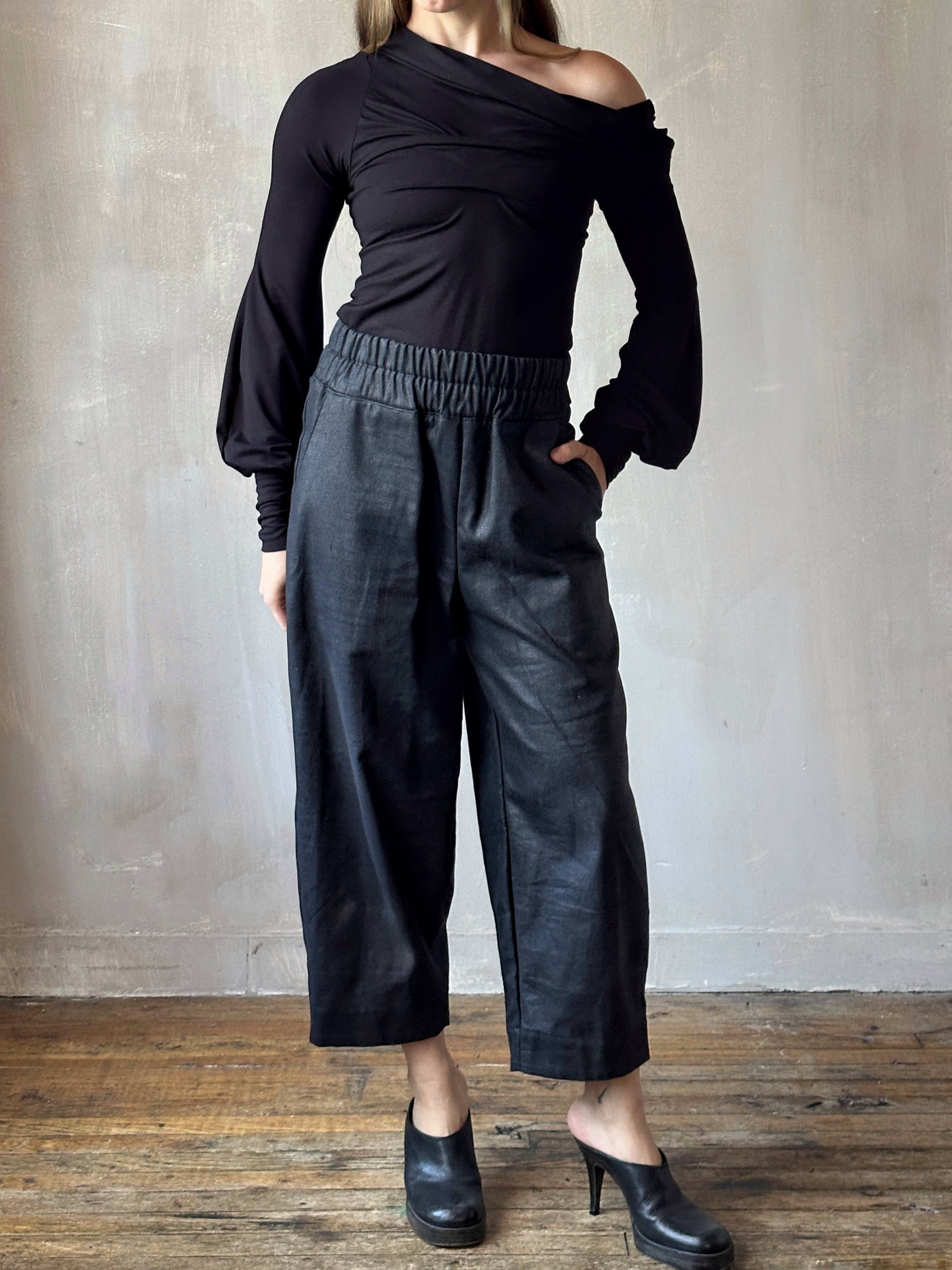 FW25: Double Waistband Barrel Trouser in Waxed Black (Pre-Order, Limited Edition)