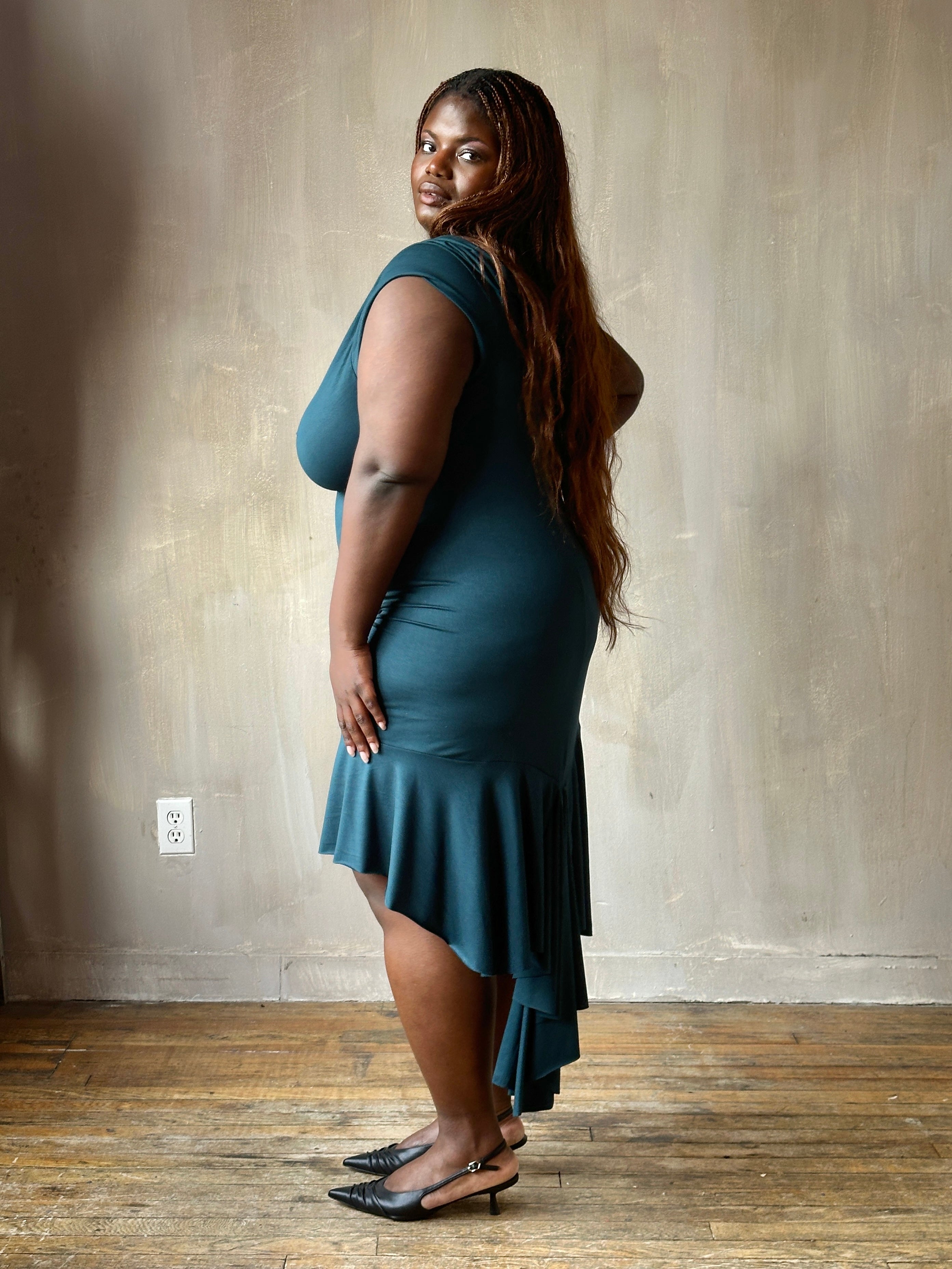 Sample Sale: Jersey Draped Cap Sleeve Dress in Teal Bamboo (Size I)