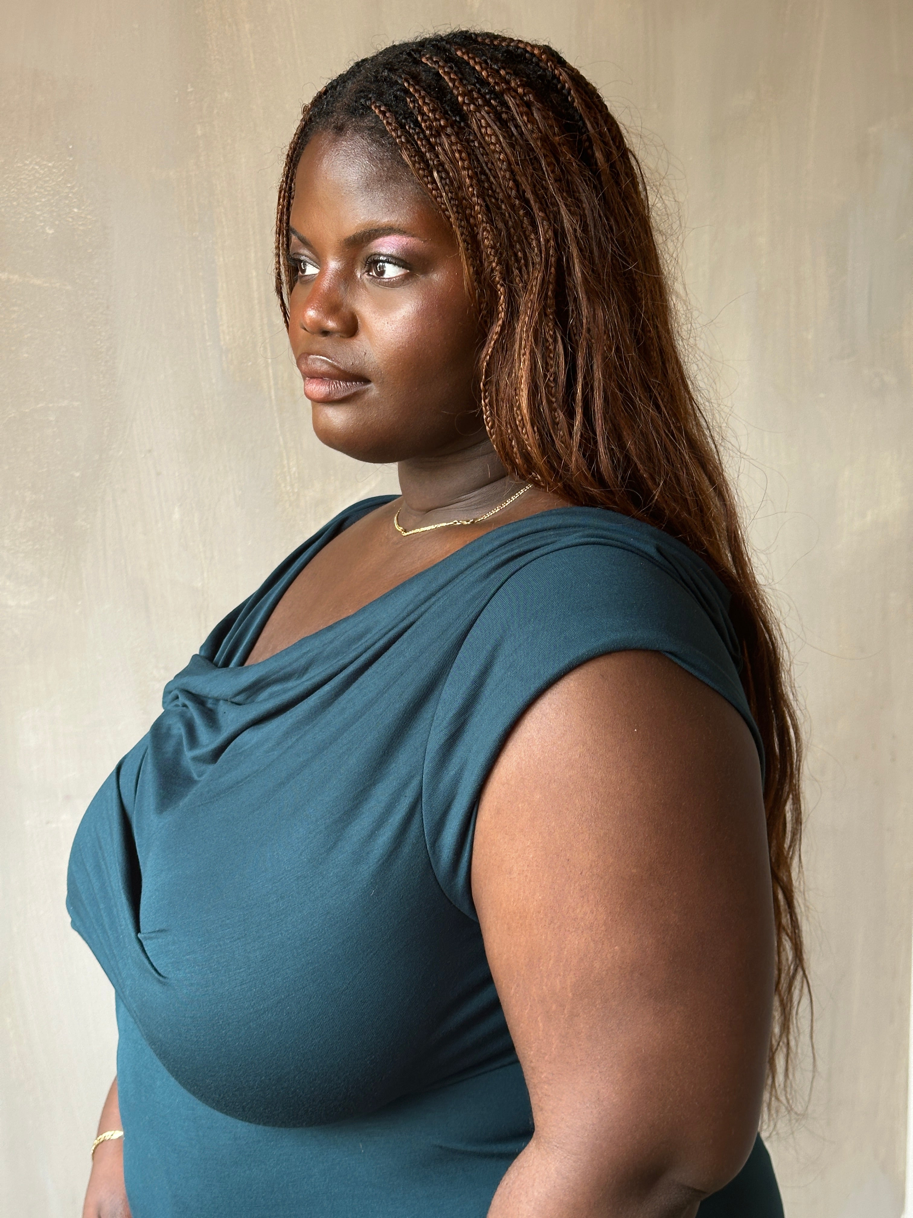 Sample Sale: Jersey Draped Cap Sleeve Dress in Teal Bamboo (Size I)