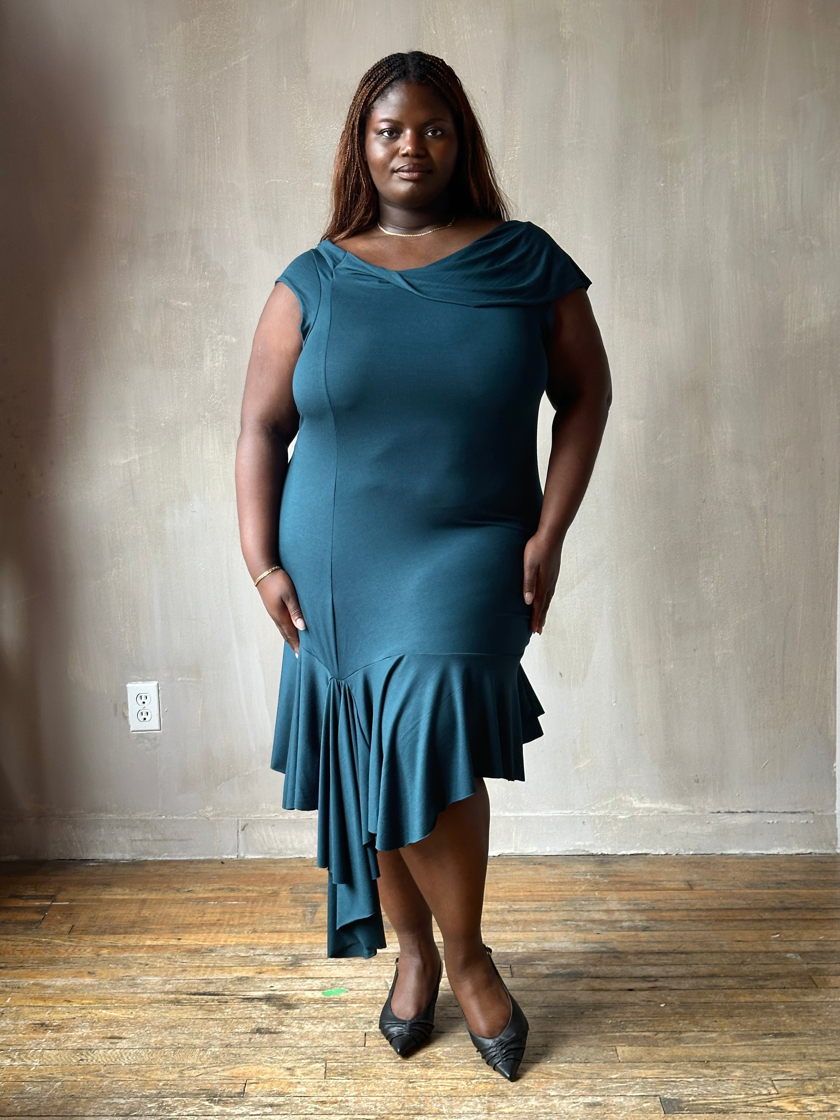 Sample Sale: Jersey Draped Cap Sleeve Dress in Teal Bamboo (Size I)