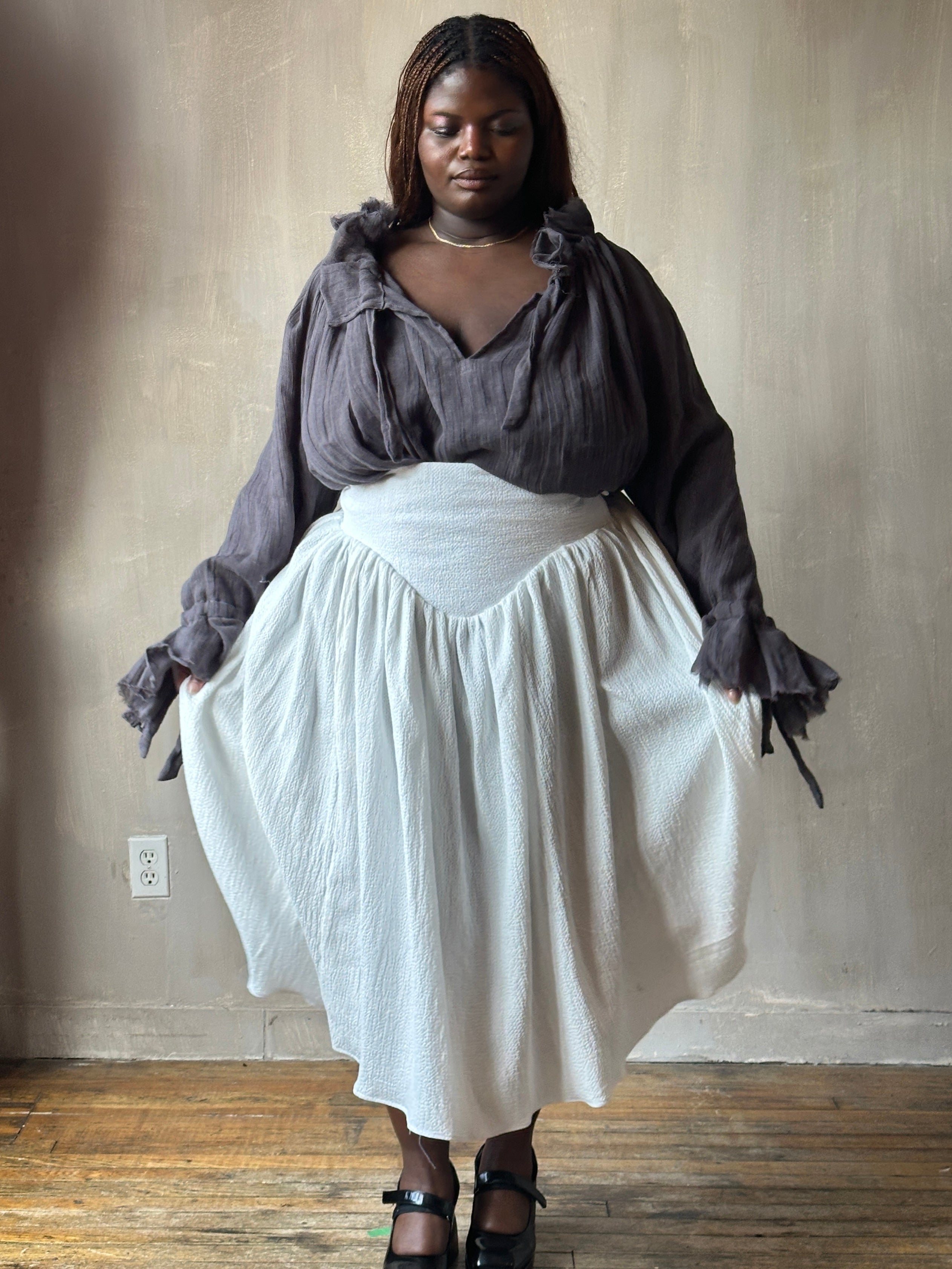Extended Yoke Petticoat Skirt In White Seersucker Cotton (In Stock)