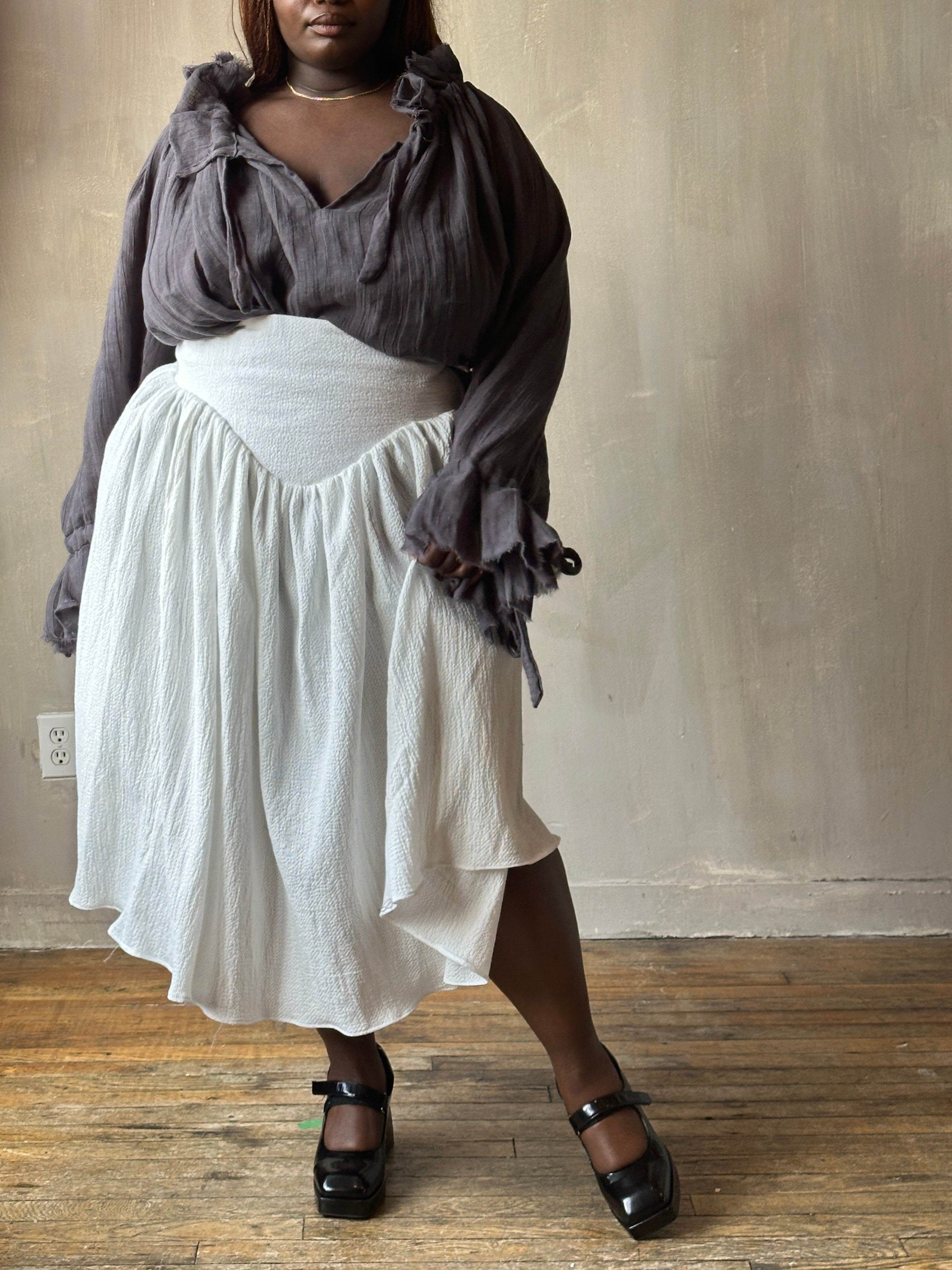 Extended Yoke Petticoat Skirt In White Seersucker Cotton (In Stock)