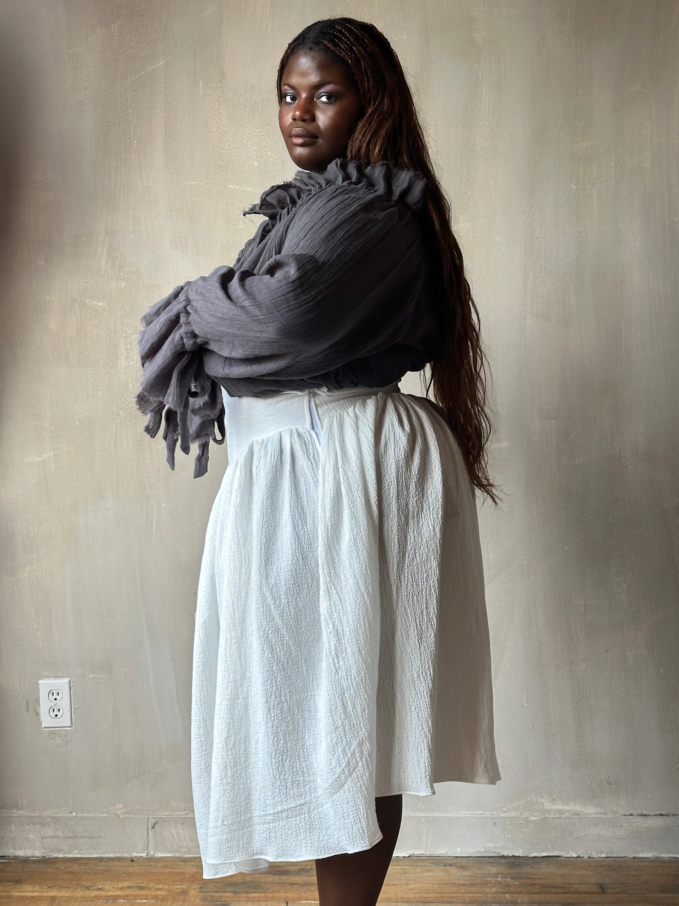 Extended Yoke Petticoat Skirt In White Seersucker Cotton (In Stock)