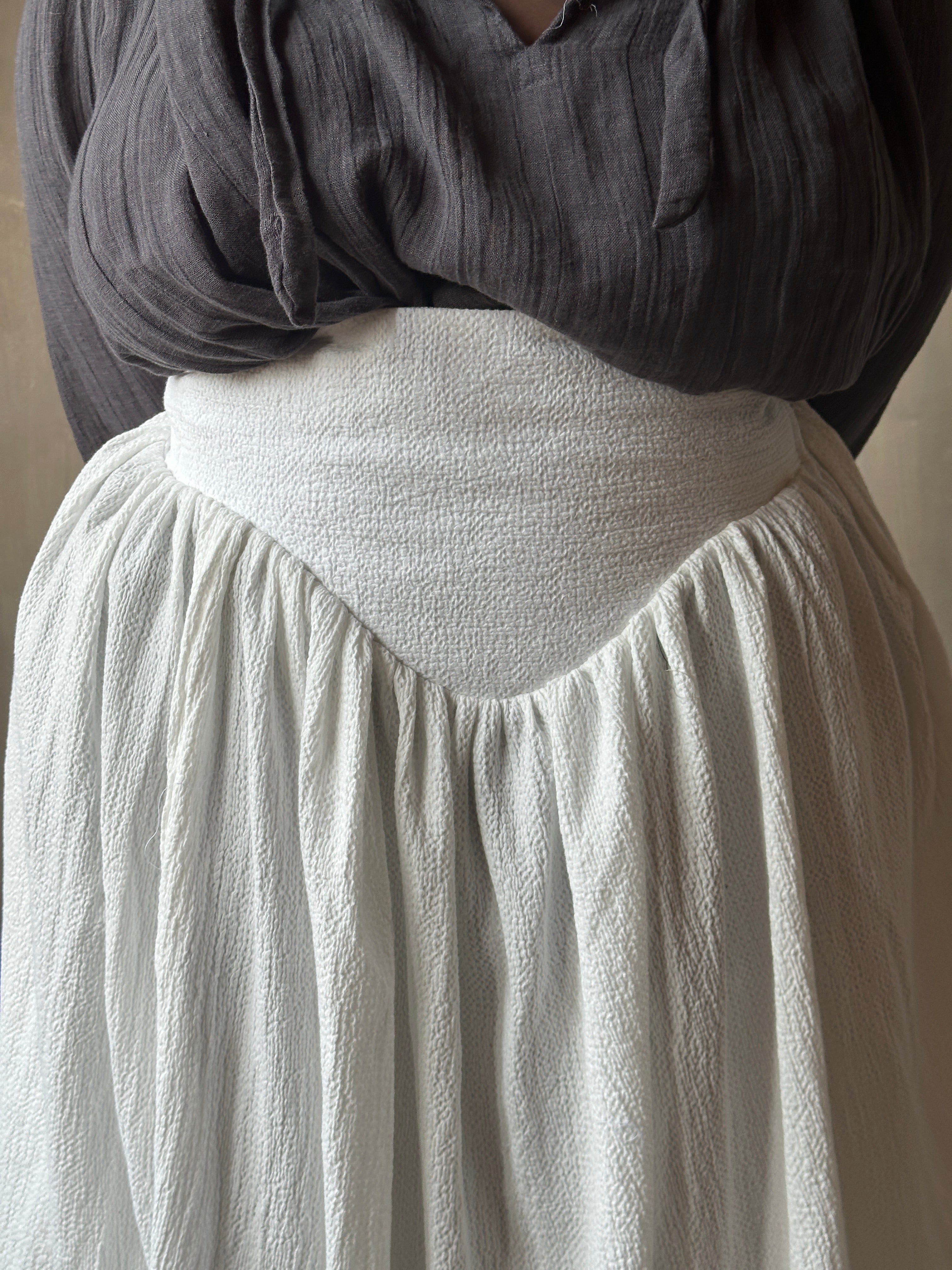 Extended Yoke Petticoat Skirt In White Seersucker Cotton (In Stock)