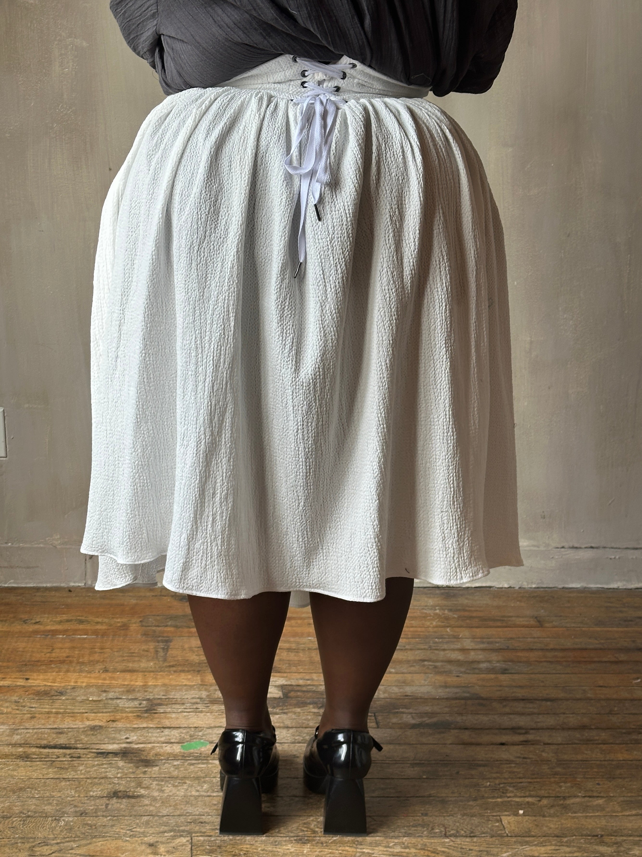 Extended Yoke Petticoat Skirt In White Seersucker Cotton (In Stock)