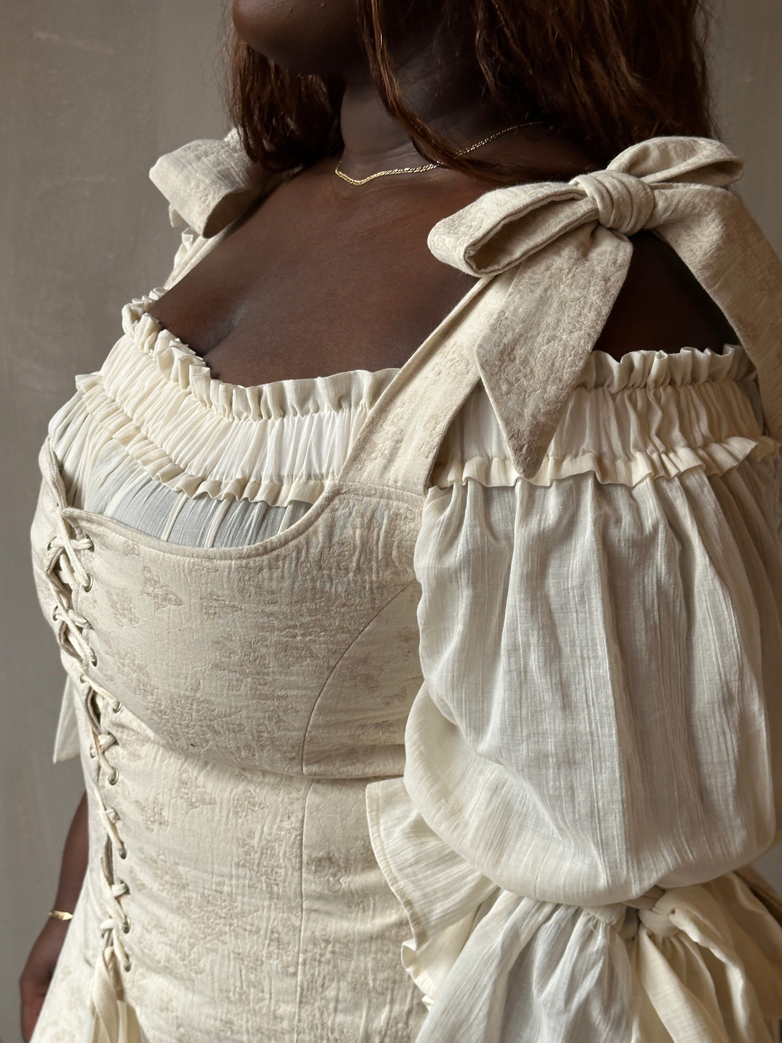 Spring '26: Pinafore Corset Vest with Bow Ties in Antique Floral Cotton (Pre-Order)