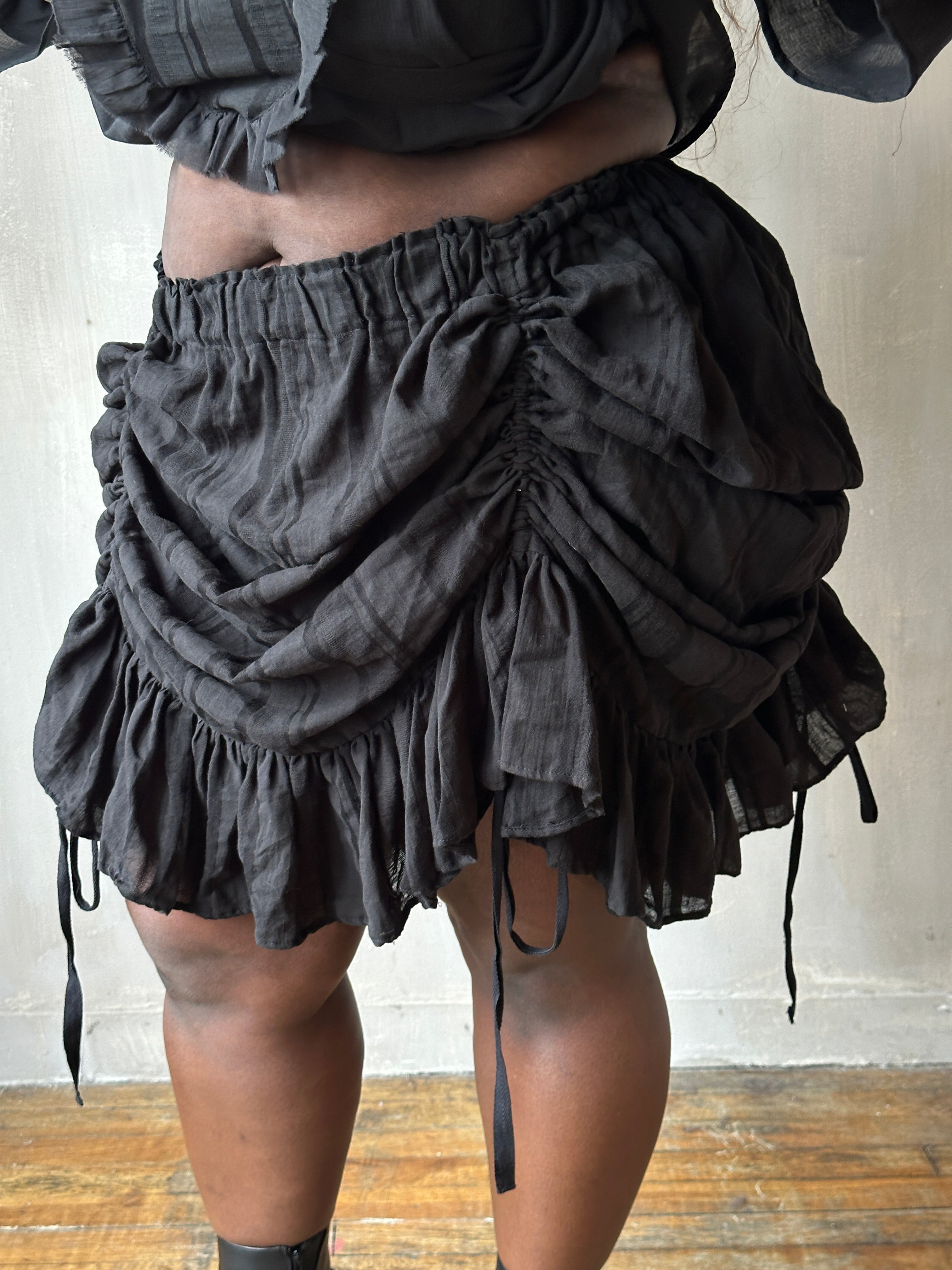 Spring'26: Drawstring Petticoat Skirt in Black Jacquard Stripe (In Stock)