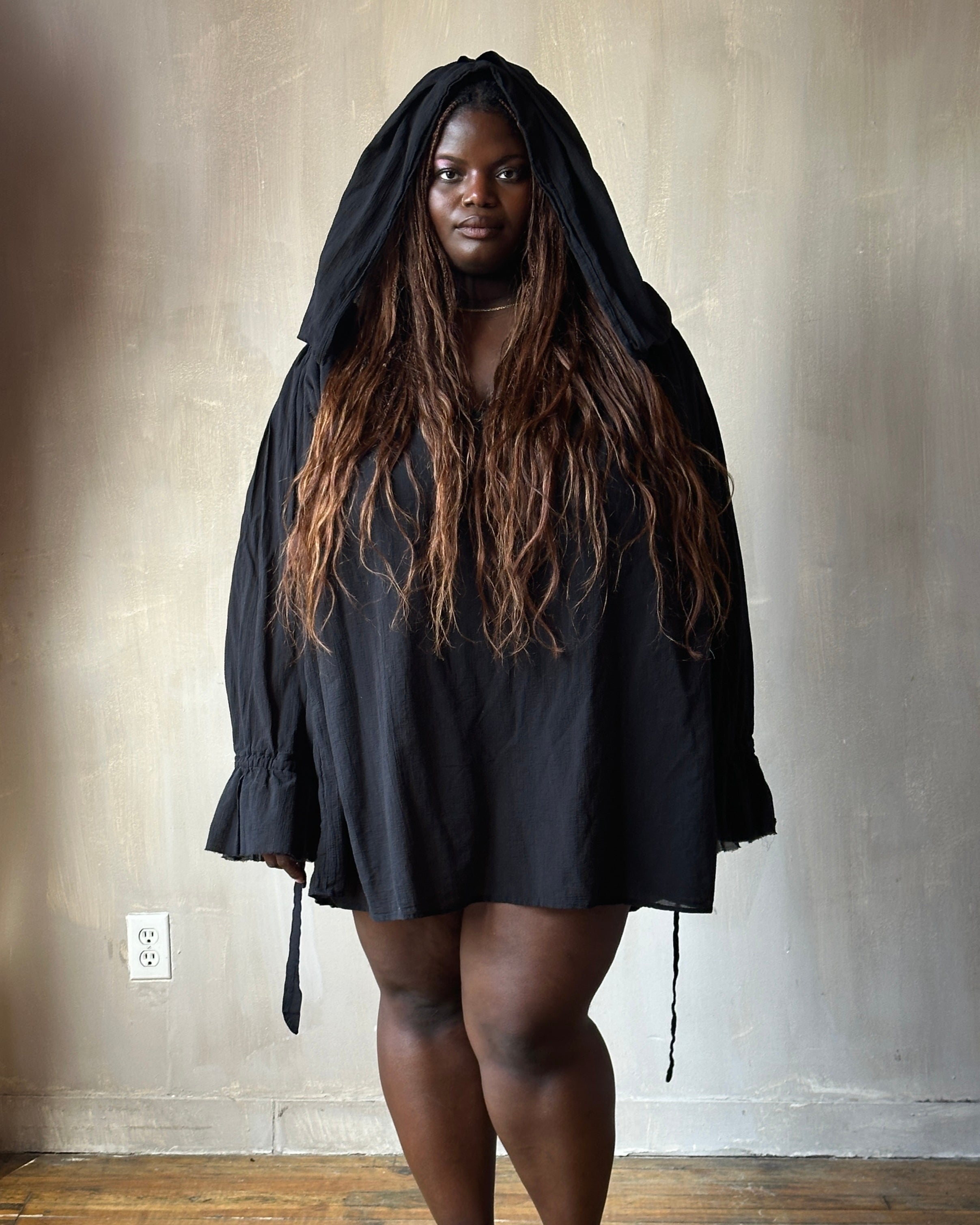 Hooded Alchemist Chemise in Black Cotton Gauze