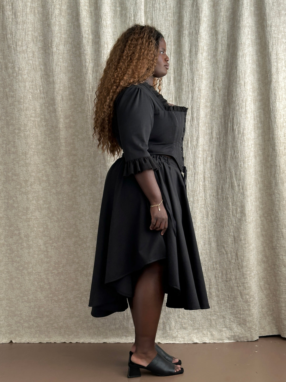 FW '26: Notch Waist Pastorale Skirt w/Adjustable Hem in Black Cotton Twill (Pre-Order)