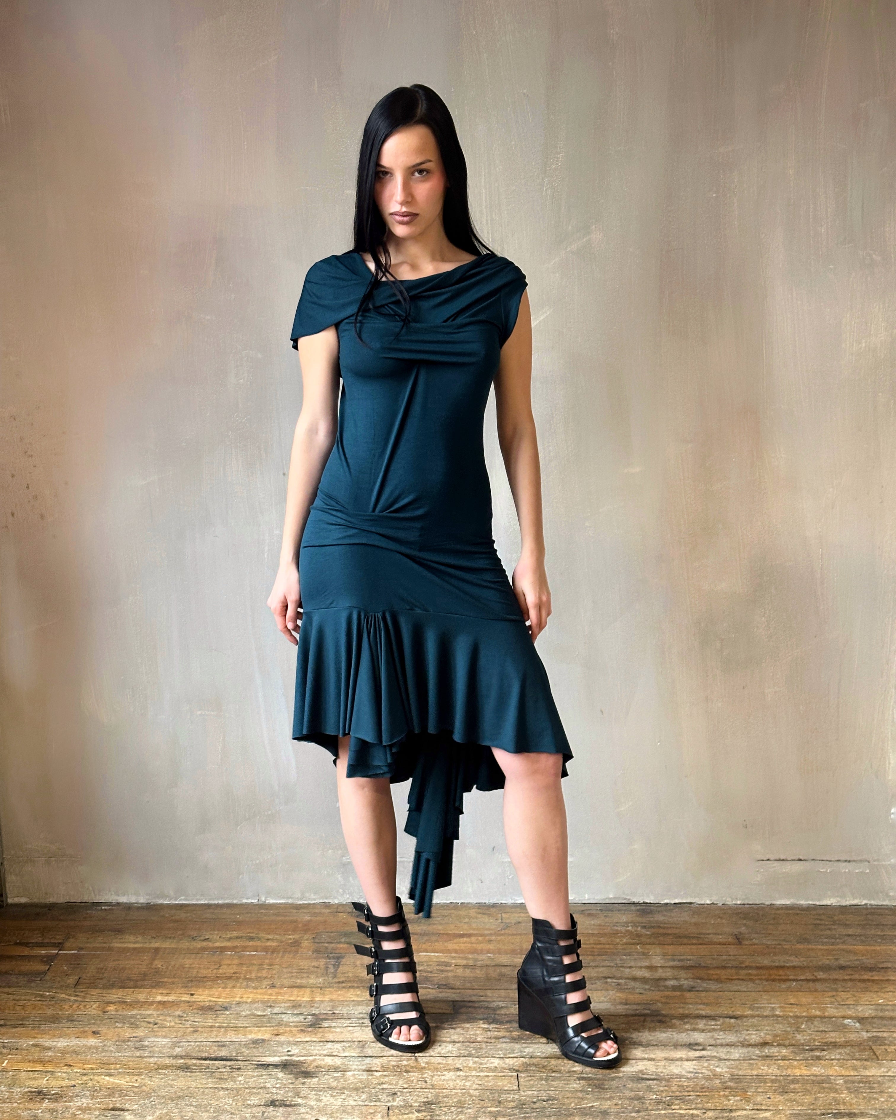 Sample Sale: Jersey Draped Cap Sleeve Dress in Teal Bamboo (Size I)