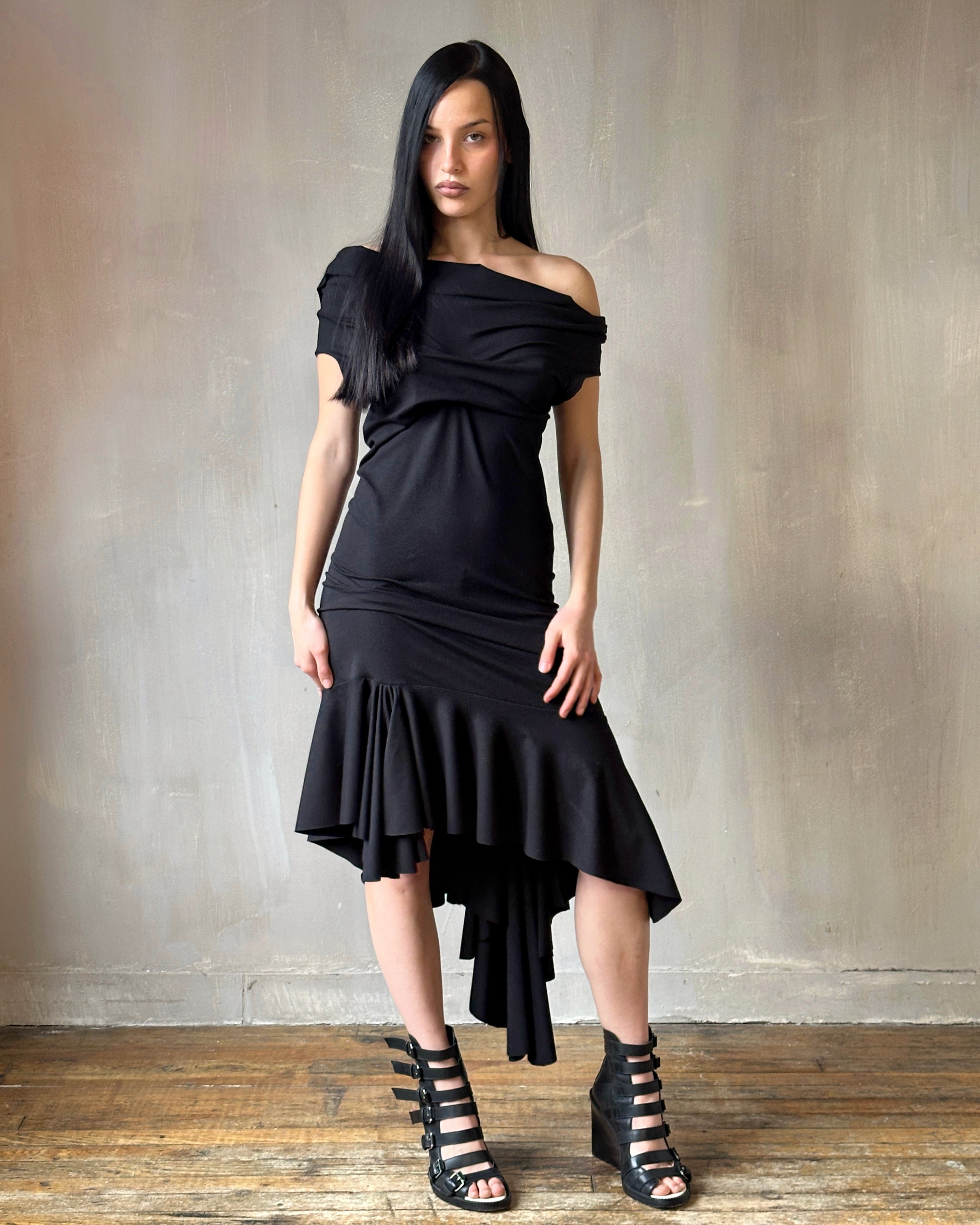 Jersey Draped Cap Sleeve Dress in Black