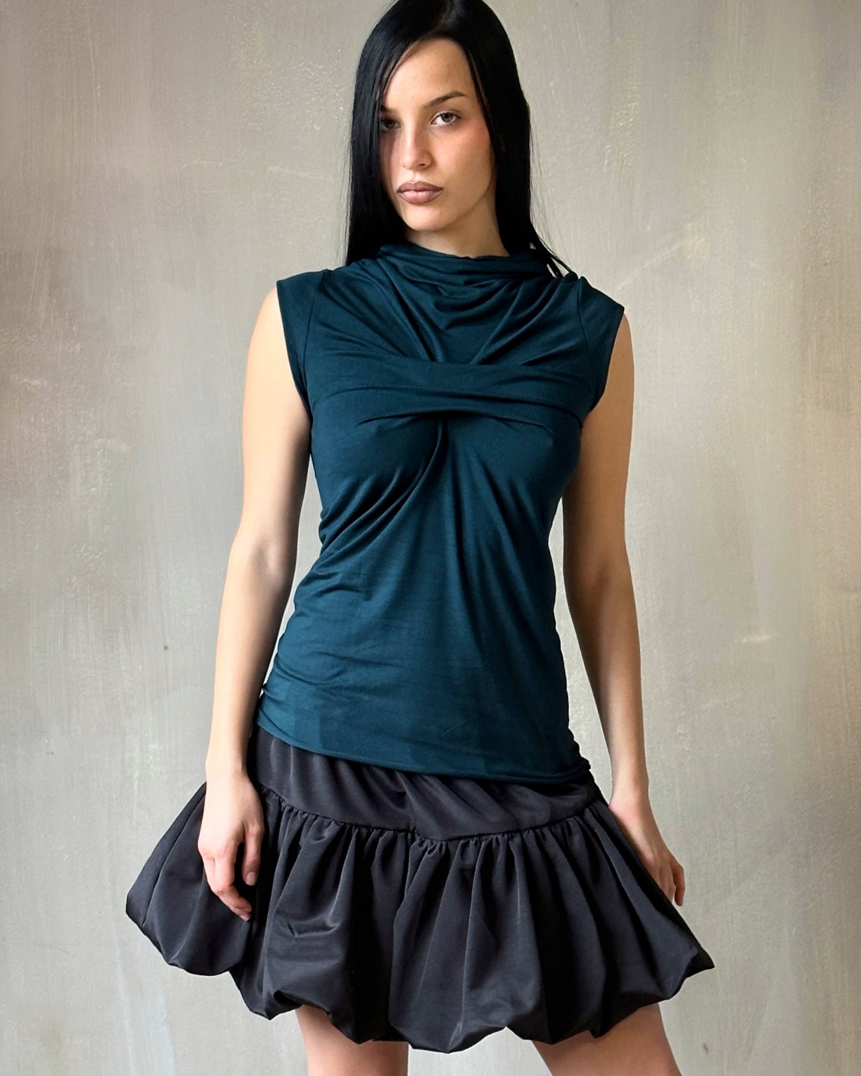 Jersey Draped Cap Sleeve Top in Teal Bamboo
