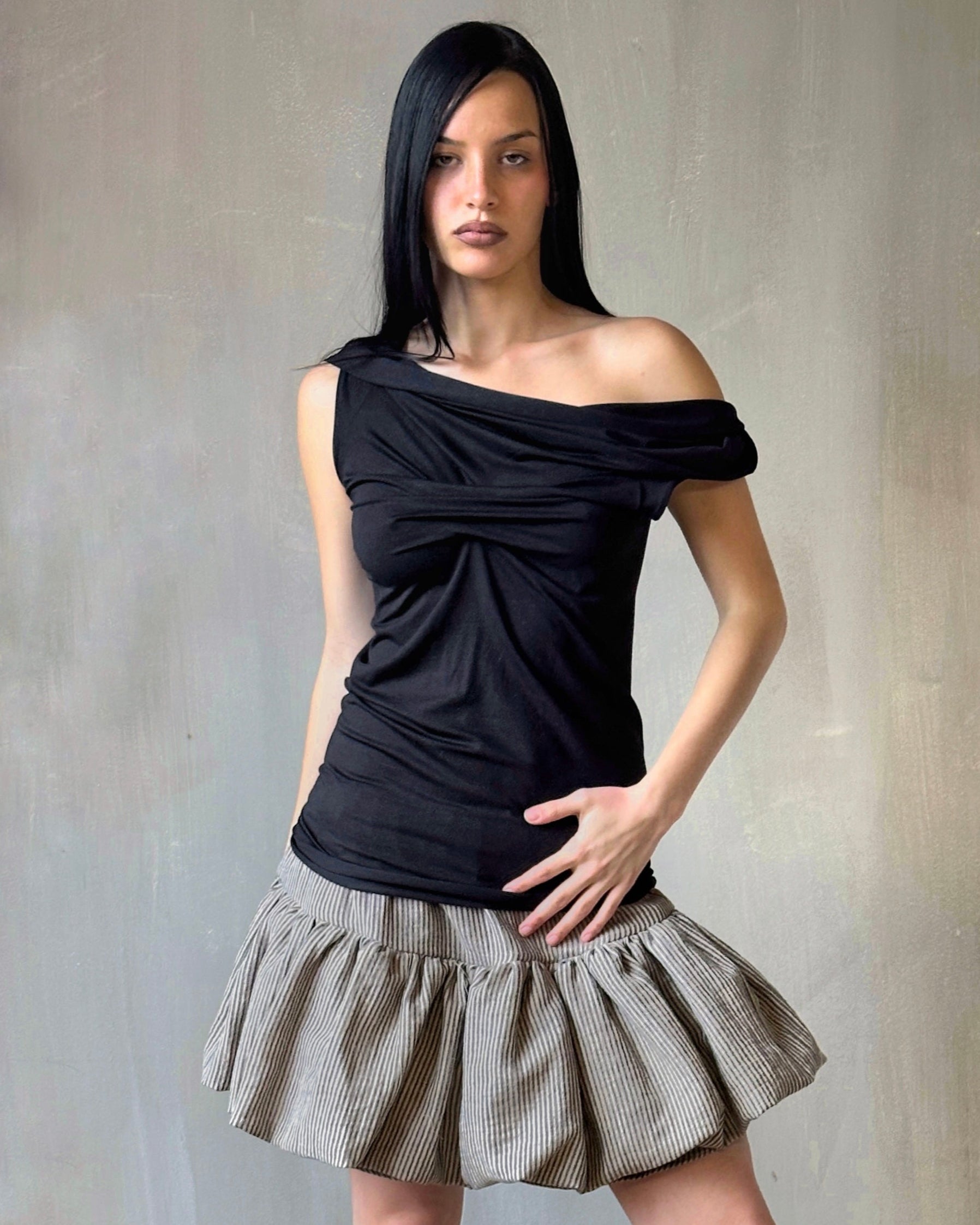 Jersey Draped Cap Sleeve Top in Black Bamboo