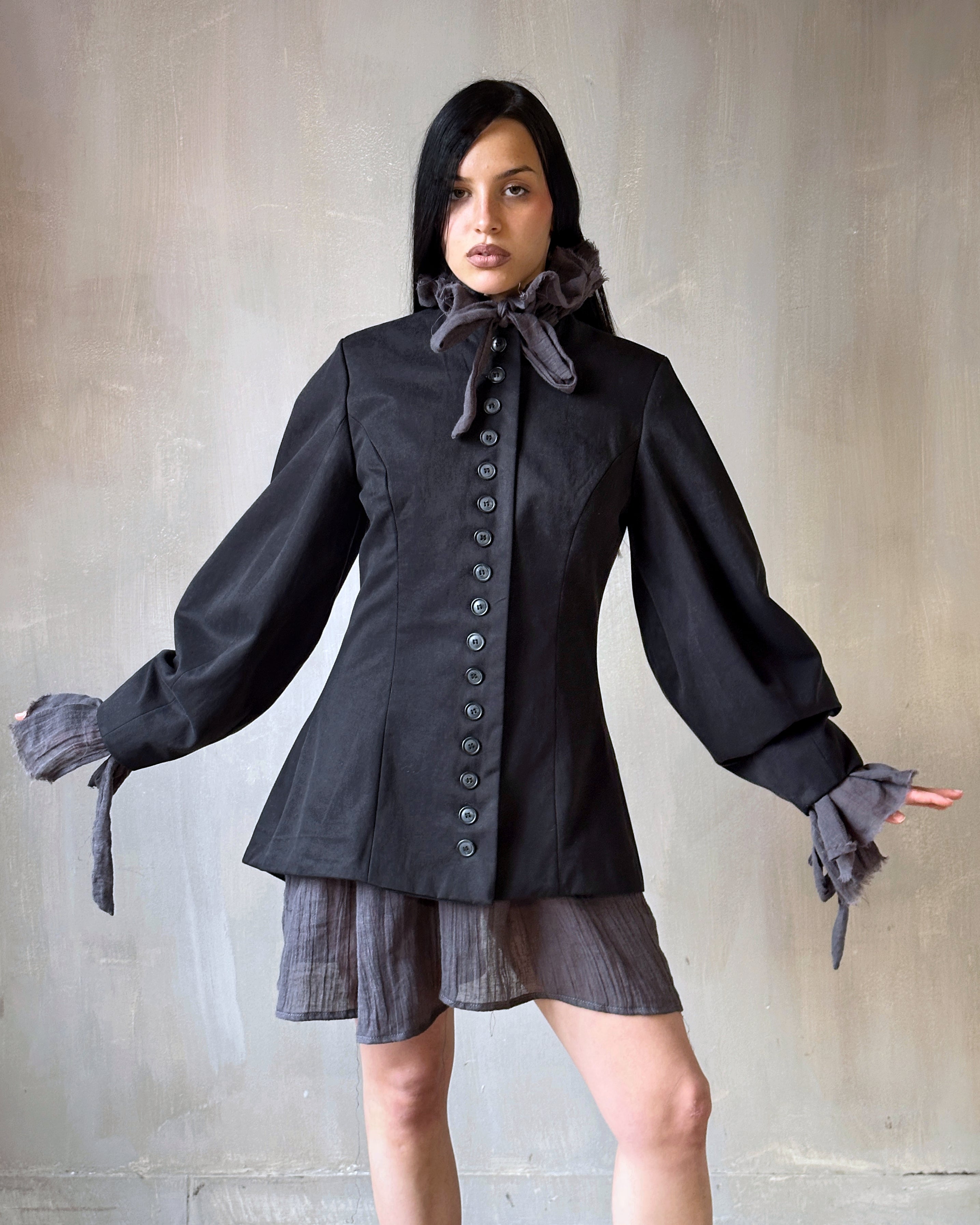 Tails Button Jacket with Lantern Sleeve in Black Cotton Twill (In Stock)