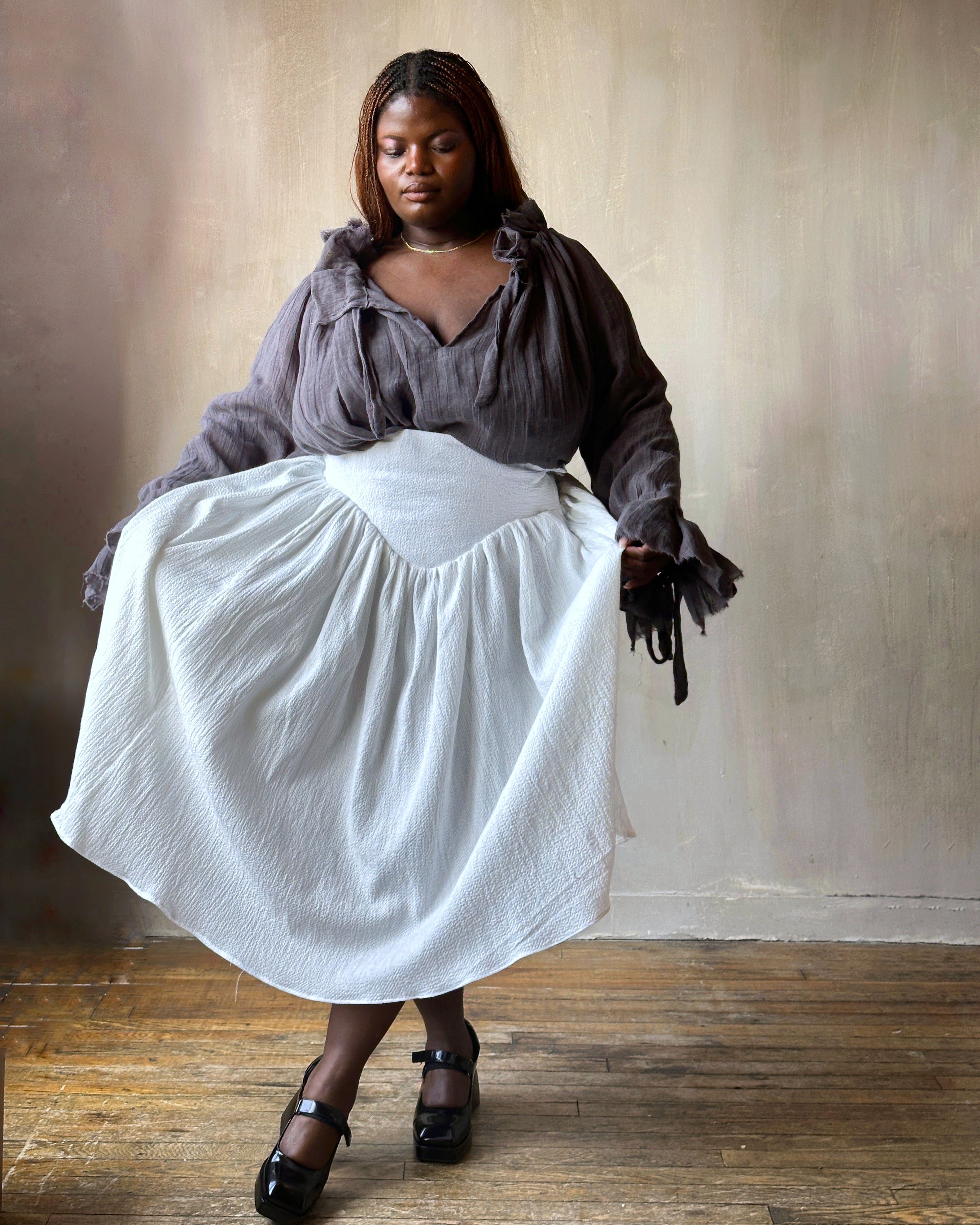 Extended Yoke Petticoat Skirt In White Seersucker Cotton (In Stock)