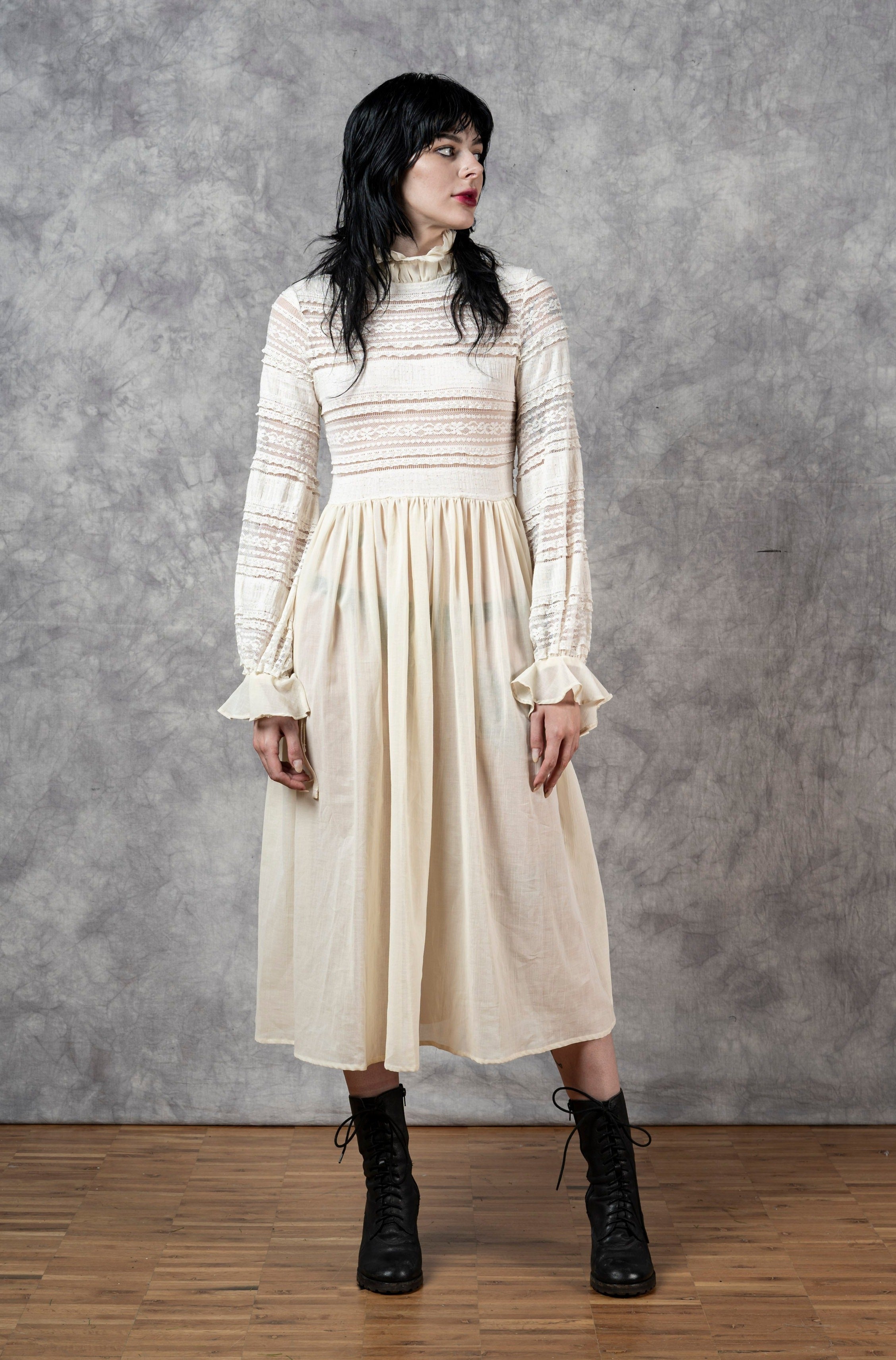 "Edith" Lace High Collar Dress in Ivory