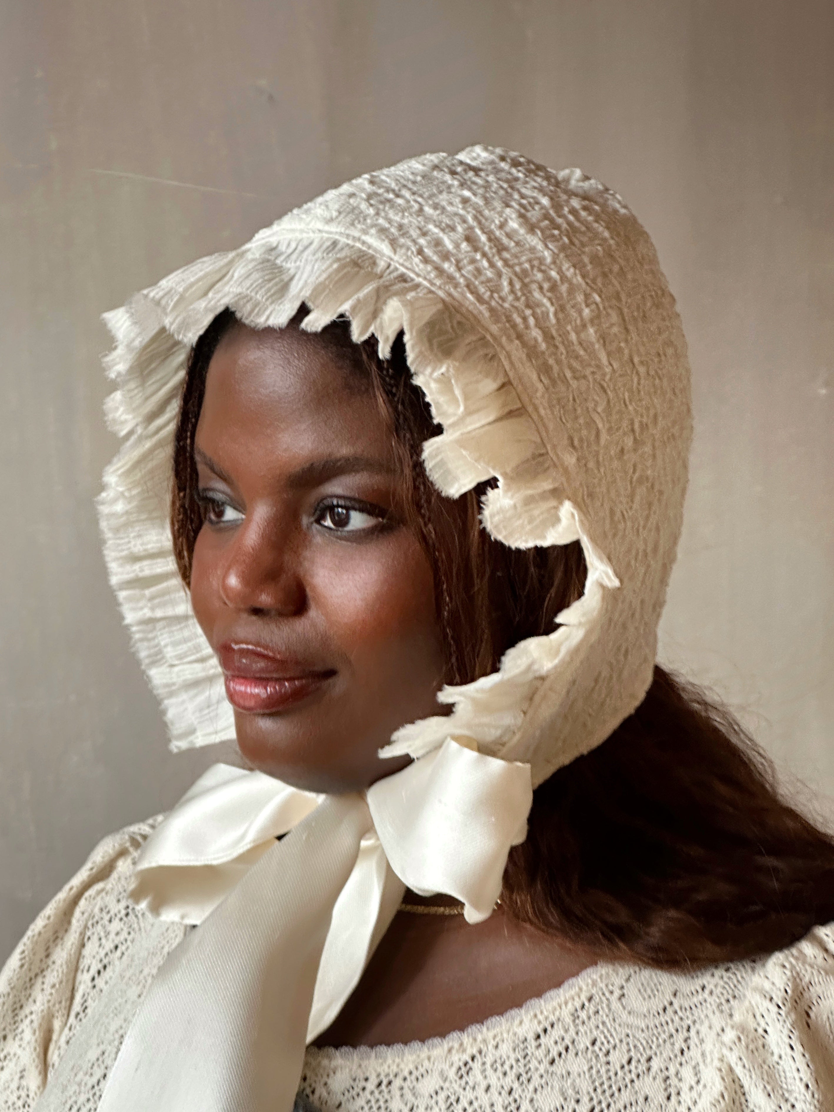 Spring '26: Bonnet with Silk Ties in Ivory Crinkle Cotton Knit (Pre-Order)