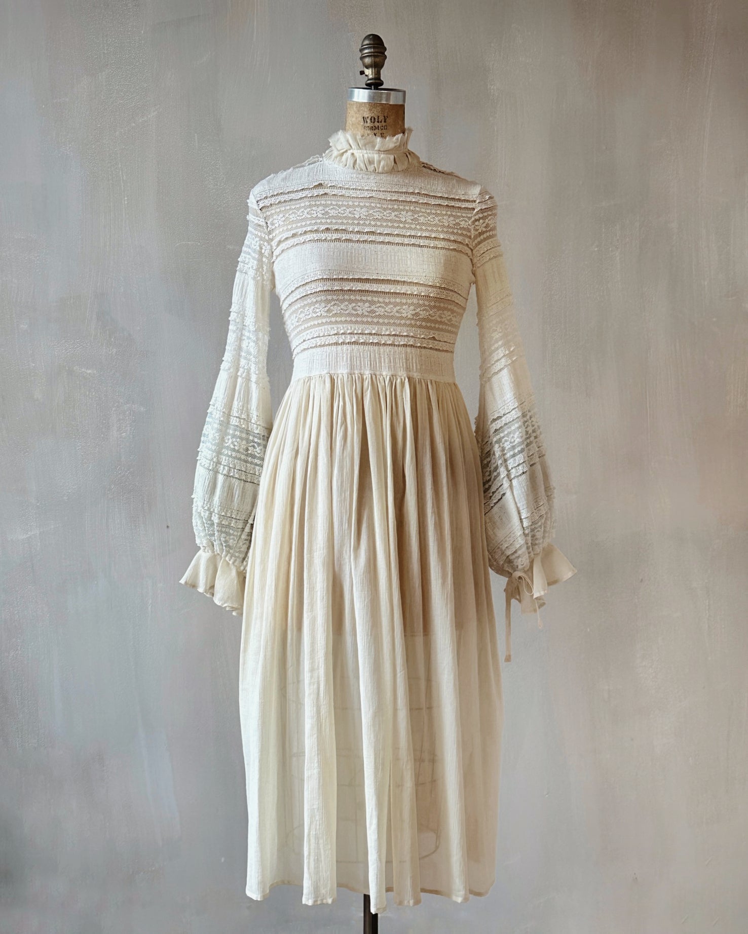 "Edith" Lace High Collar Dress in Ivory