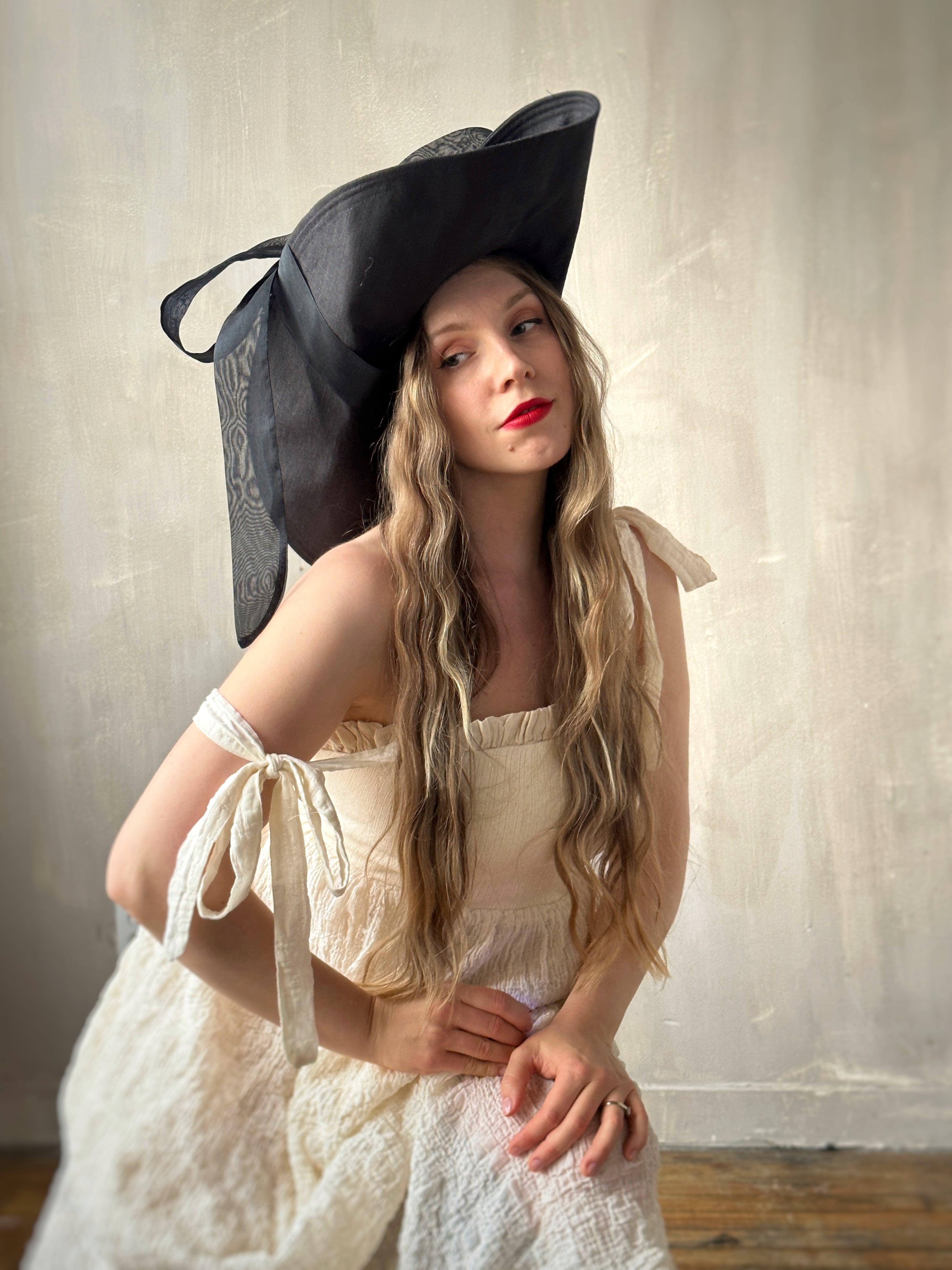 Black Linen Sun Hat with Silk Ties (Made-to-Order)