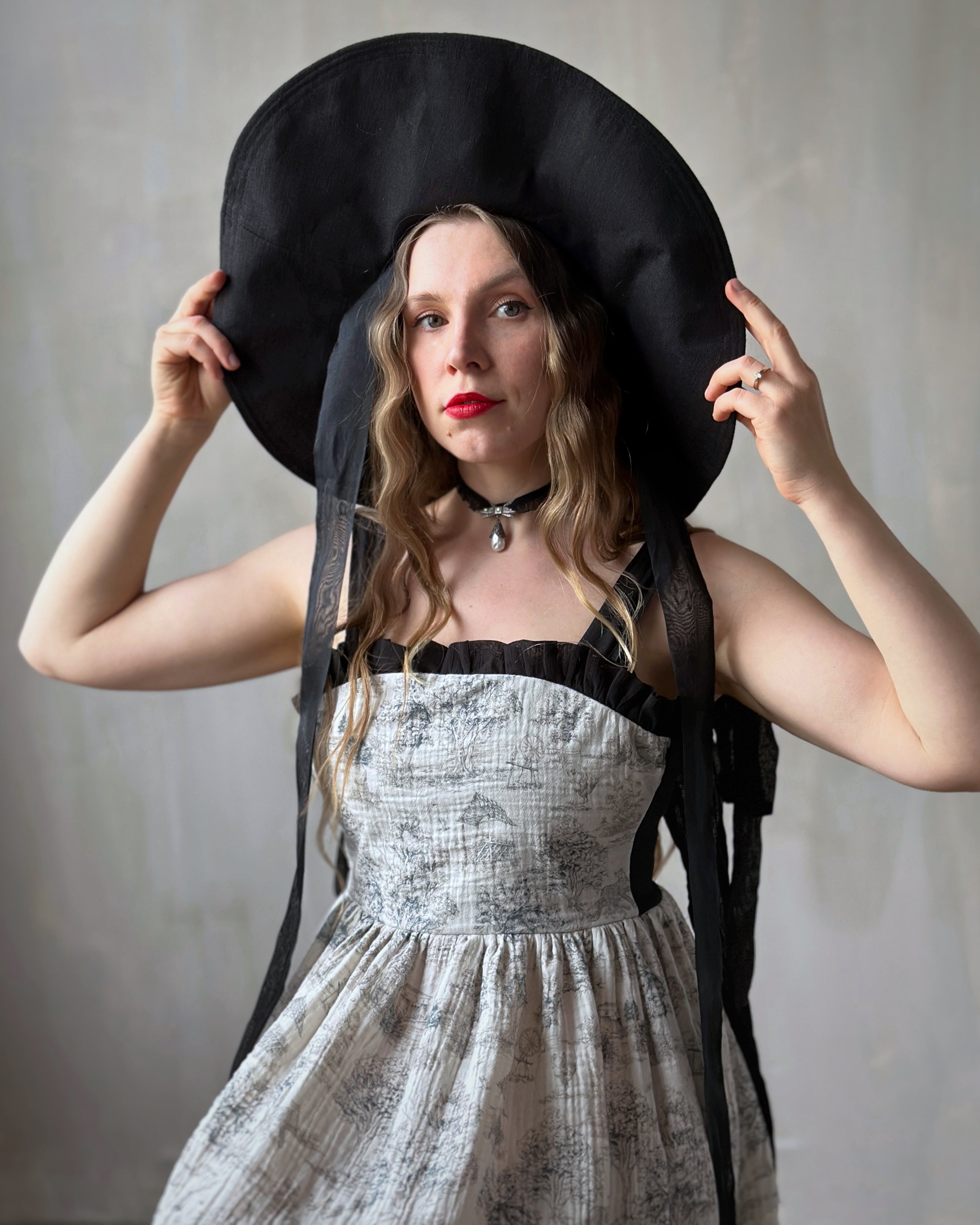 Black Linen Sun Hat with Silk Ties (Made-to-Order)