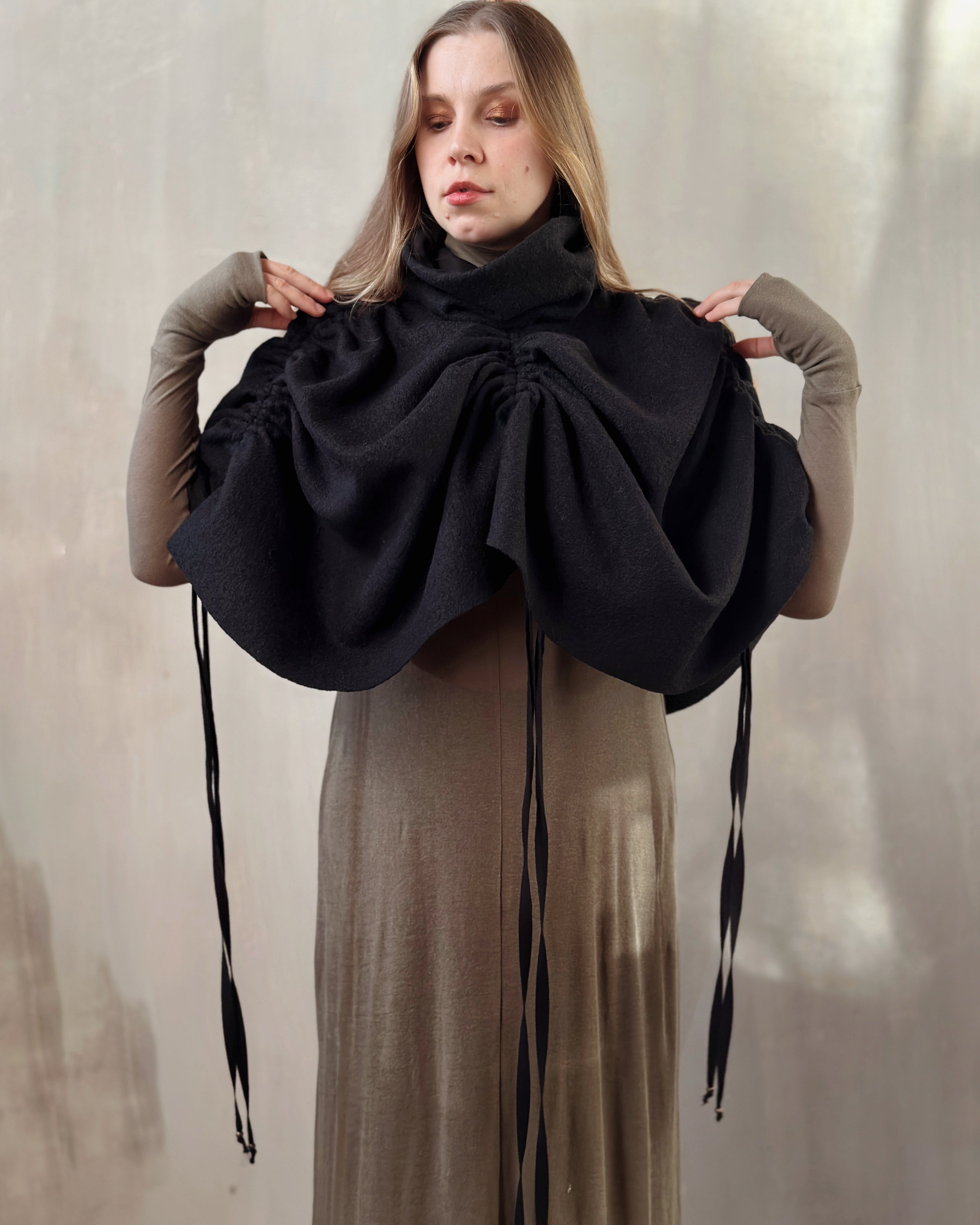 Ruched Capelet in Black Wool